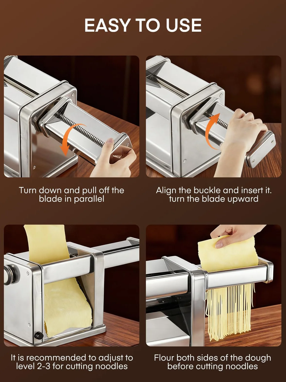 FOHERE Máquina de Pasta Fresca Eléctrica con 2 Cuchillas (1.5 mm/6.6 mm) y 7 Grosores Ajustables de 0.5-3 mm, Acero Inoxidable para Hacer Fideos Espaguetis Raviolis, Plata