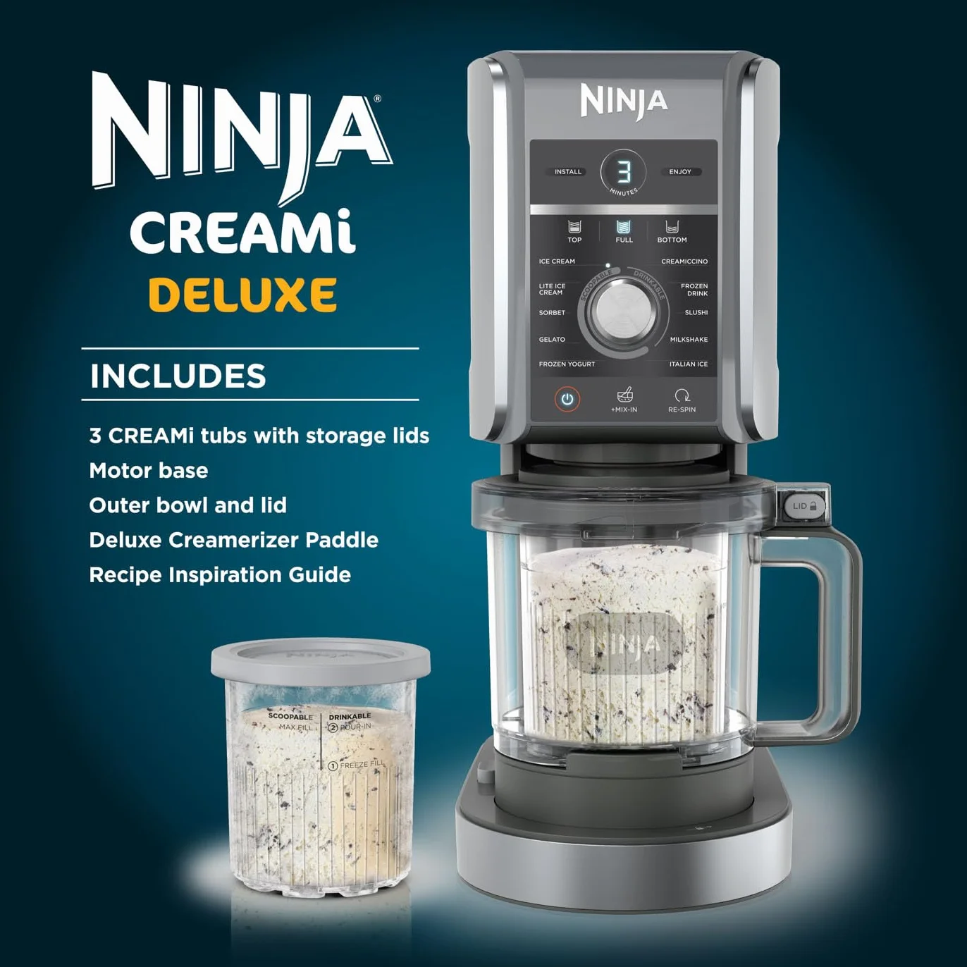 Ninja CREAMi Deluxe - Máquina para hacer helados y postres congelados con 3 recipientes, 10 funciones, hace helado, gelato, sorbete, yogur congelado, batidos, granizados y más, opción de sabor 2 en 1