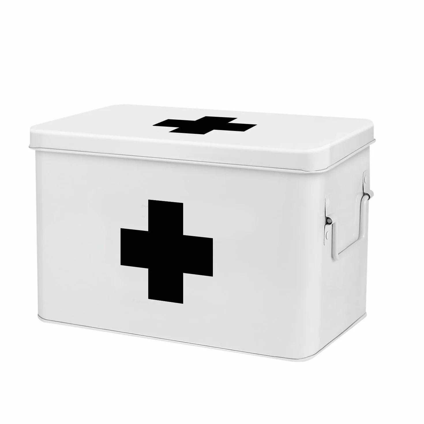 Flexzion Caja de primeros auxilios vacía de metal de 13 pulgadas, organizador grande de primeros auxilios con bandeja extraíble, divisores, asas laterales, contenedor de suministros médicos vintage