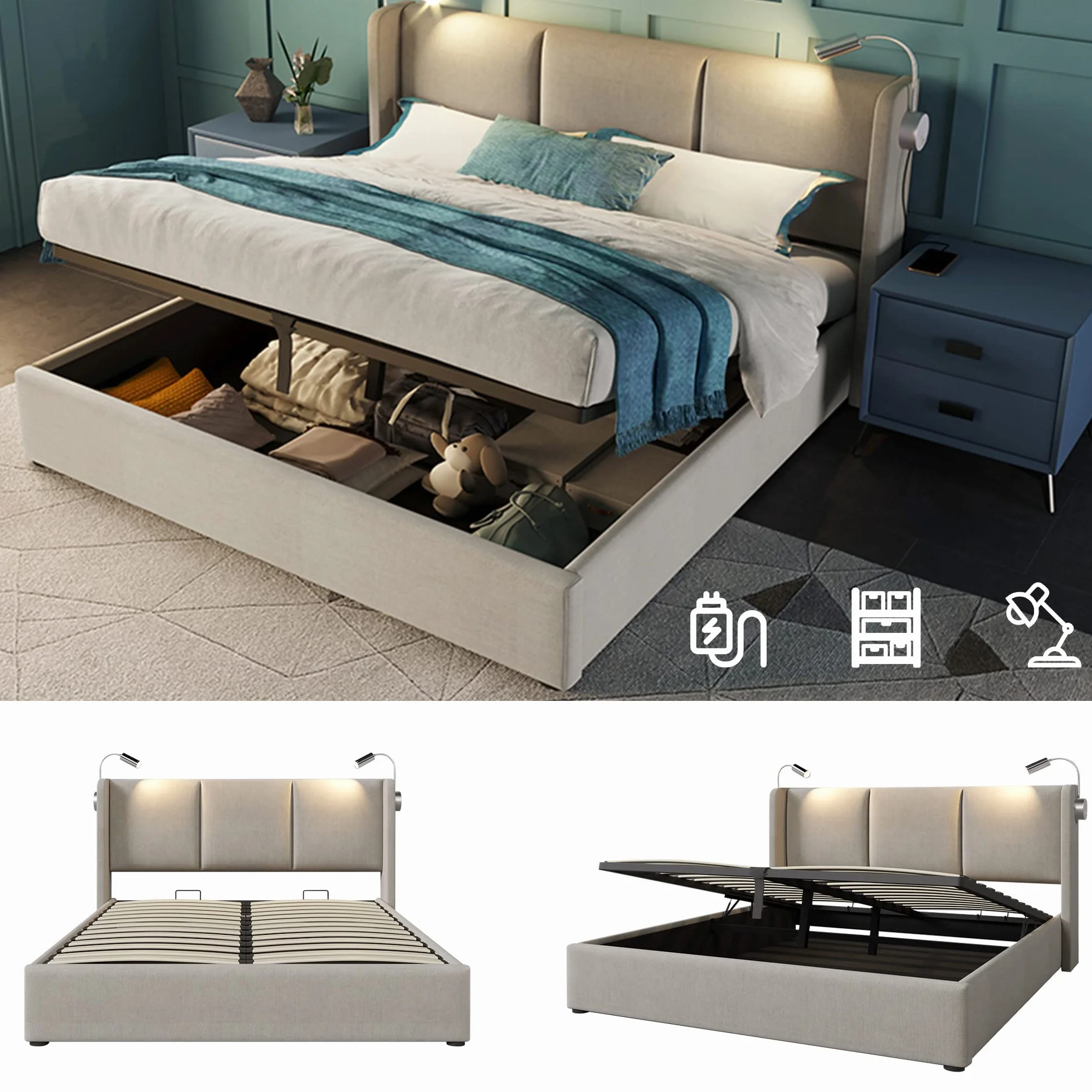 KAZZIO Cama tapizada para cama de matrimonio con espacio de almacenamiento, luz de lectura con función de carga USB, cabecero, estructura de cama de poliuretano, con somier (sin colchón) (beige, 140 x