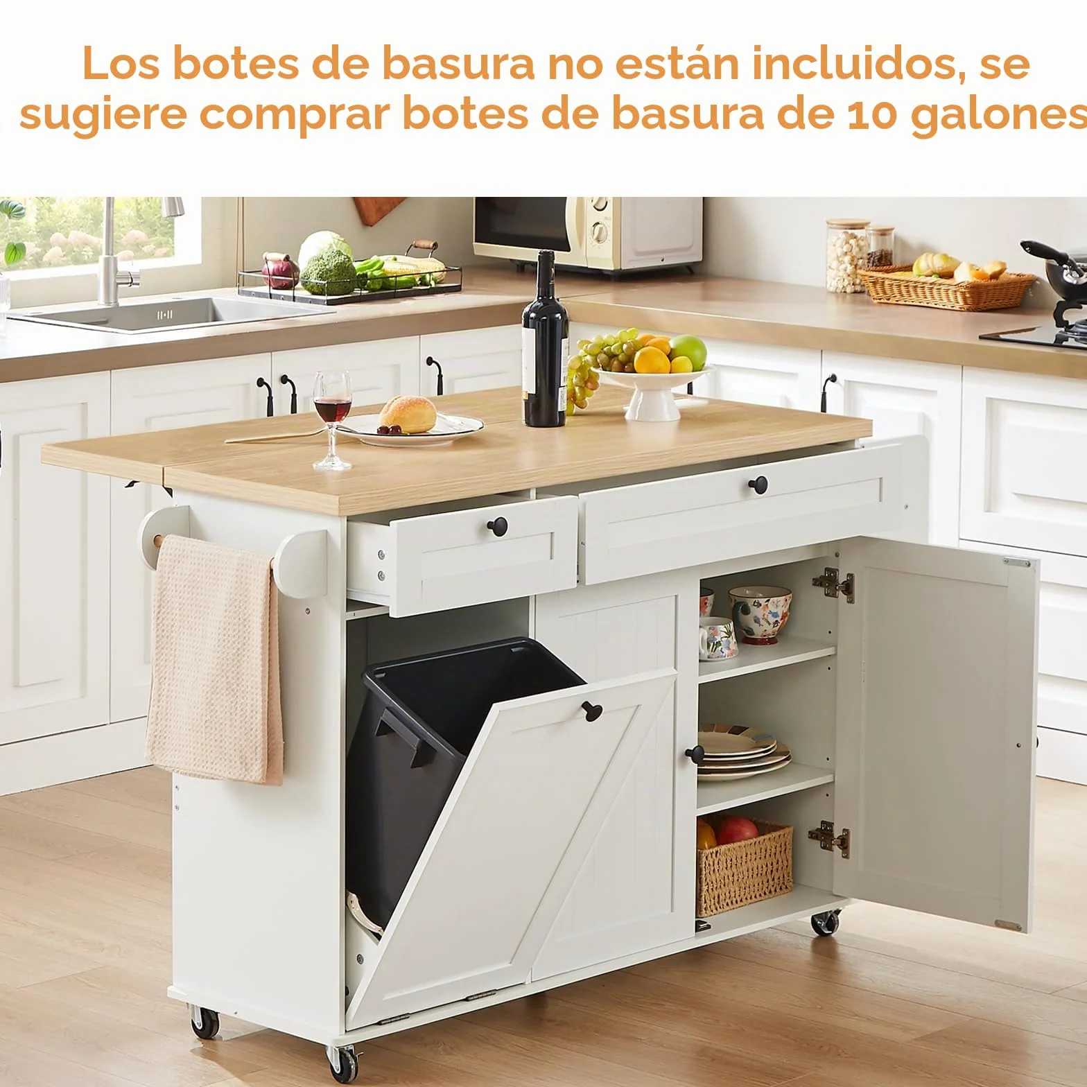 Isla de cocina de 60 pulgadas con toma de corriente y hoja de caída, isla rodante de cocina con estante para especias y toallero, soporte para cuchillos, carrito de isla de cocina con armario de