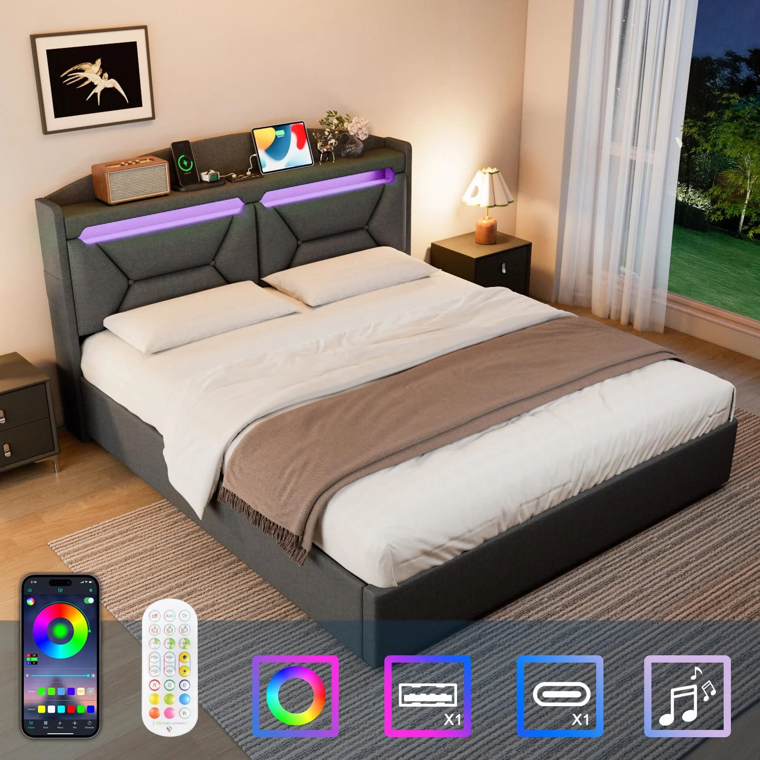 Cama Matrimonio 160x200 con Almacenamiento, Camas Matrimoniales con LED, Puertos USB y Type-C, Canape 160x200 Hidráulico, Cama Matrimonio con Cabecero, Lino, Gris, Colchón No Incluido