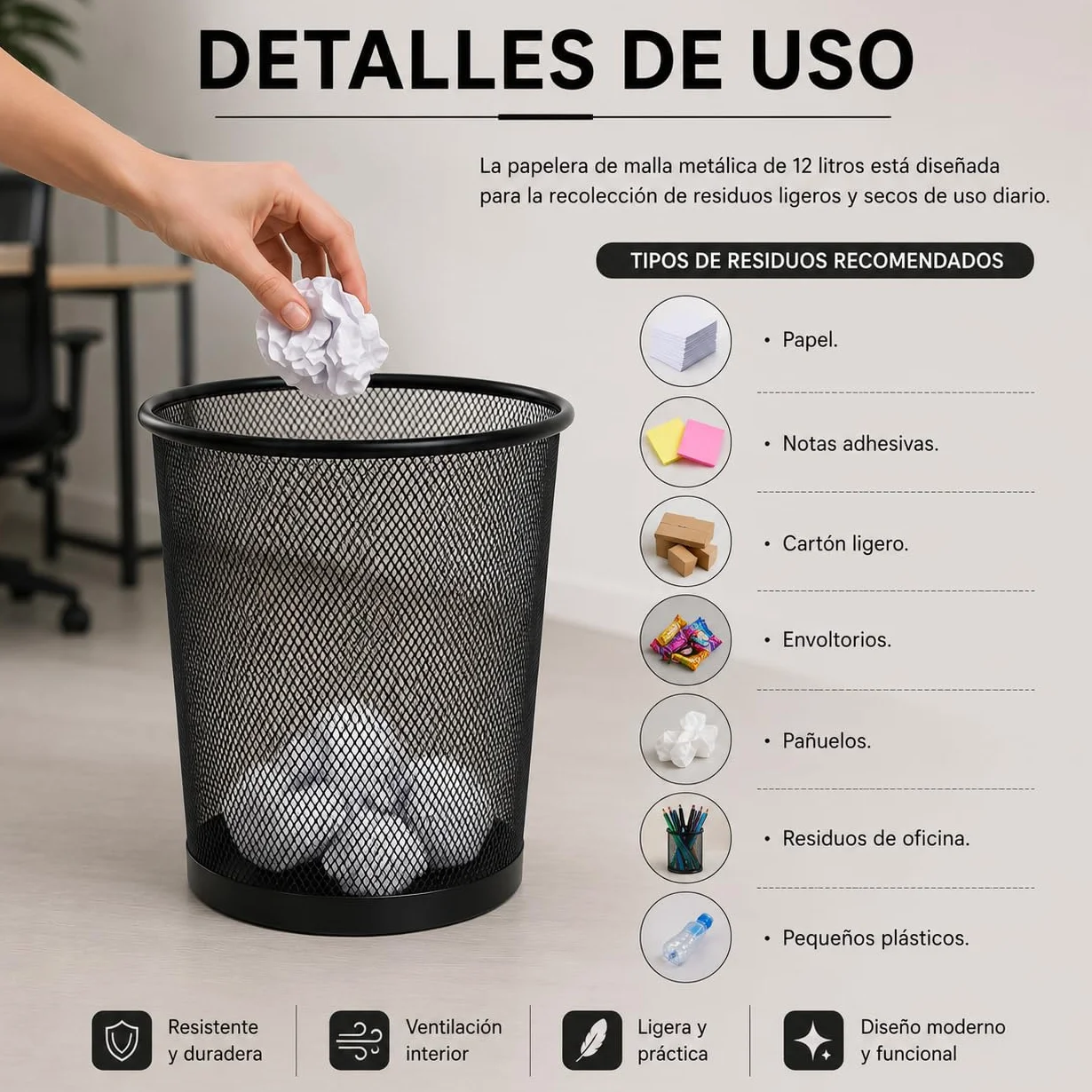 CABLEPELADO Papelera de Malla Metálica 12L Negra – Cubo de Basura de Acero Reforzado