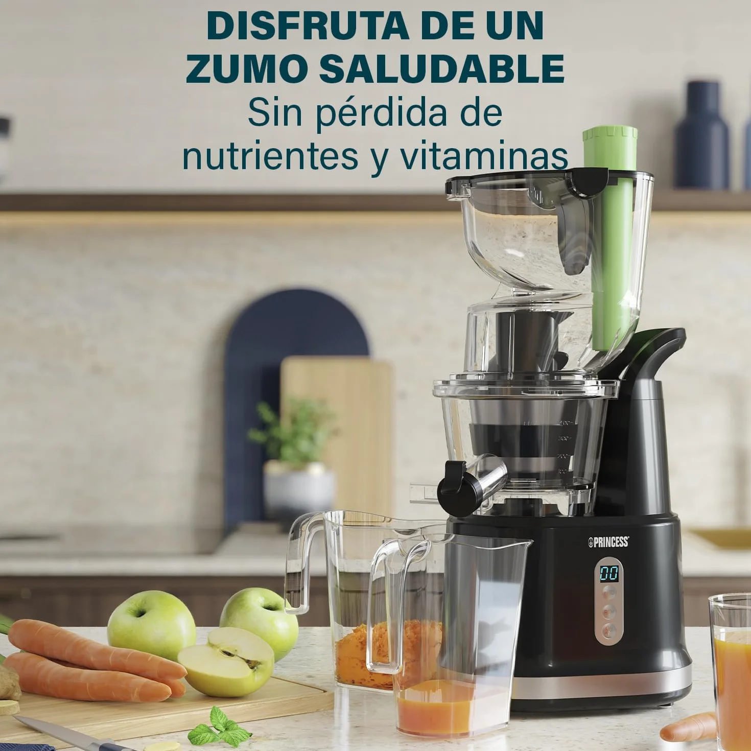 Princess 202045 Easy Fill Exprimidor Lento con la característica de Rellenado fácil, 200 W, 0.9 litros, Negro y Plateado
