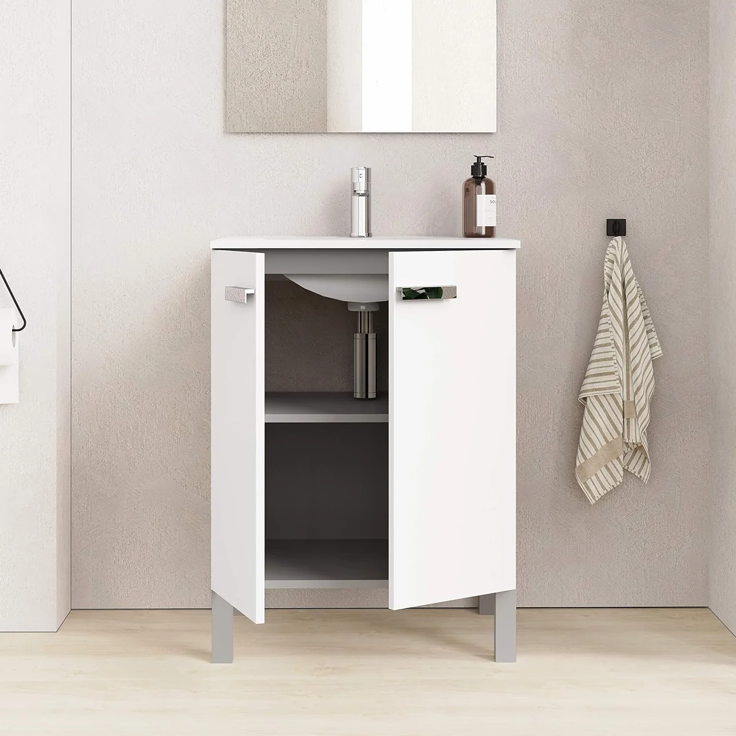 Baikal Mueble de Baño Neo, Dos Puertas, Mueble con Patas. Varios Acabados y Medidas. Melamina 16mm. Mueble MONTADO. 2 Puertas con Espejo 60 cm Blanco Mate