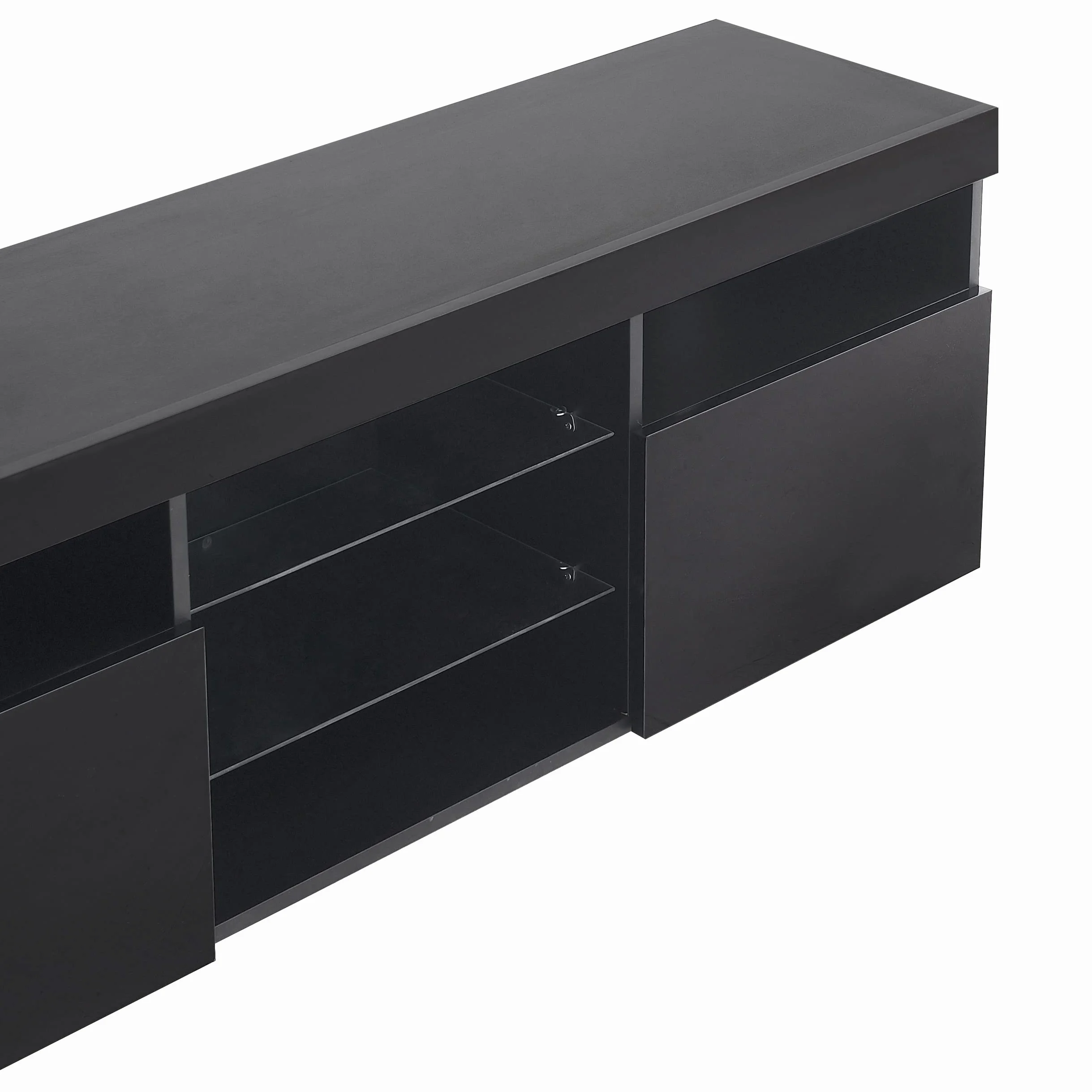 Azkoeesy Mueble TV con iluminación LED, 180 cm, Mueble de televisión, 3 Puertas y Estante de Cristal, Negro Brillante