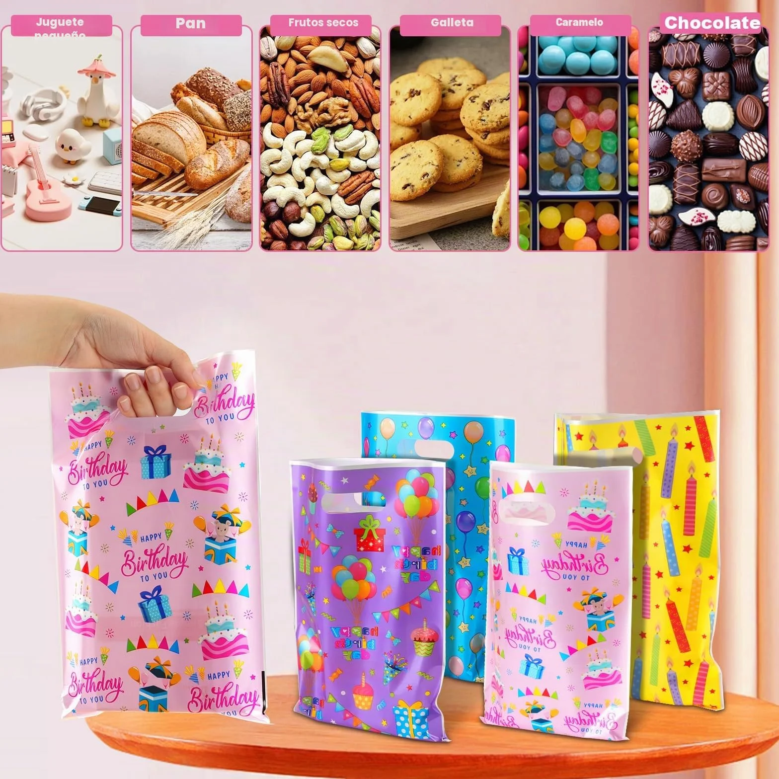 Annhao 50 Piezas Bolsas Cumpleaños Infantil, Bolsas Regalo Cumpleaños de Chuches Galletas, Bolsitas Infantiles para Regalos Fiestas de Cumpleaños, Navidad, Bodas, Celebraciones (4 Colores)