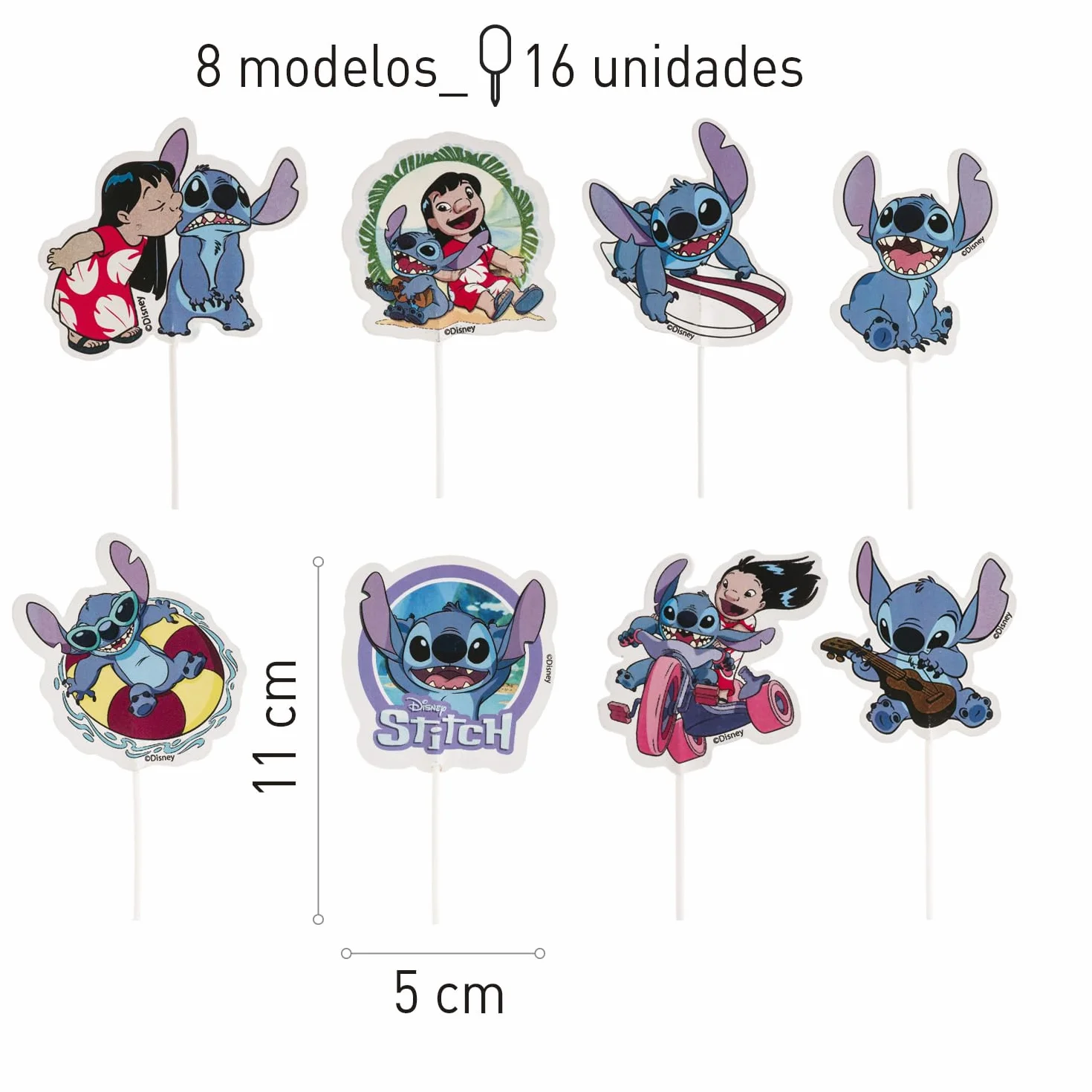 Lilo y Stitch Cupcake Toppers 8 Modelos 16 Unidades Decoración Repostería