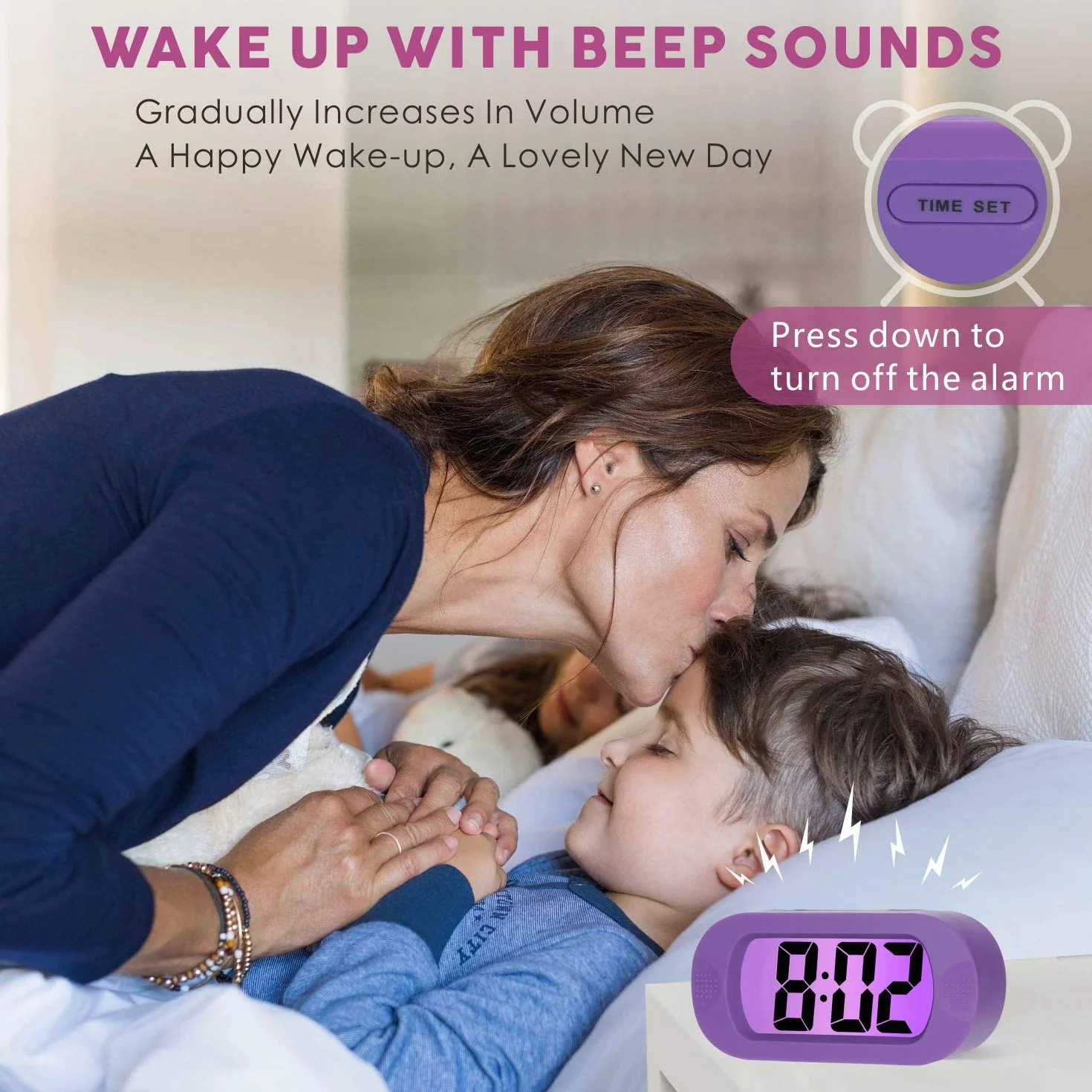 Plumeet Reloj Despertador Digital LCD Viaje, con Gran Pantalla, fácil de configurar, con Snooze y luz de Noche, Alarma con Sonido Ascendente y portátil, el Regalo Ideal para niños (Morado)