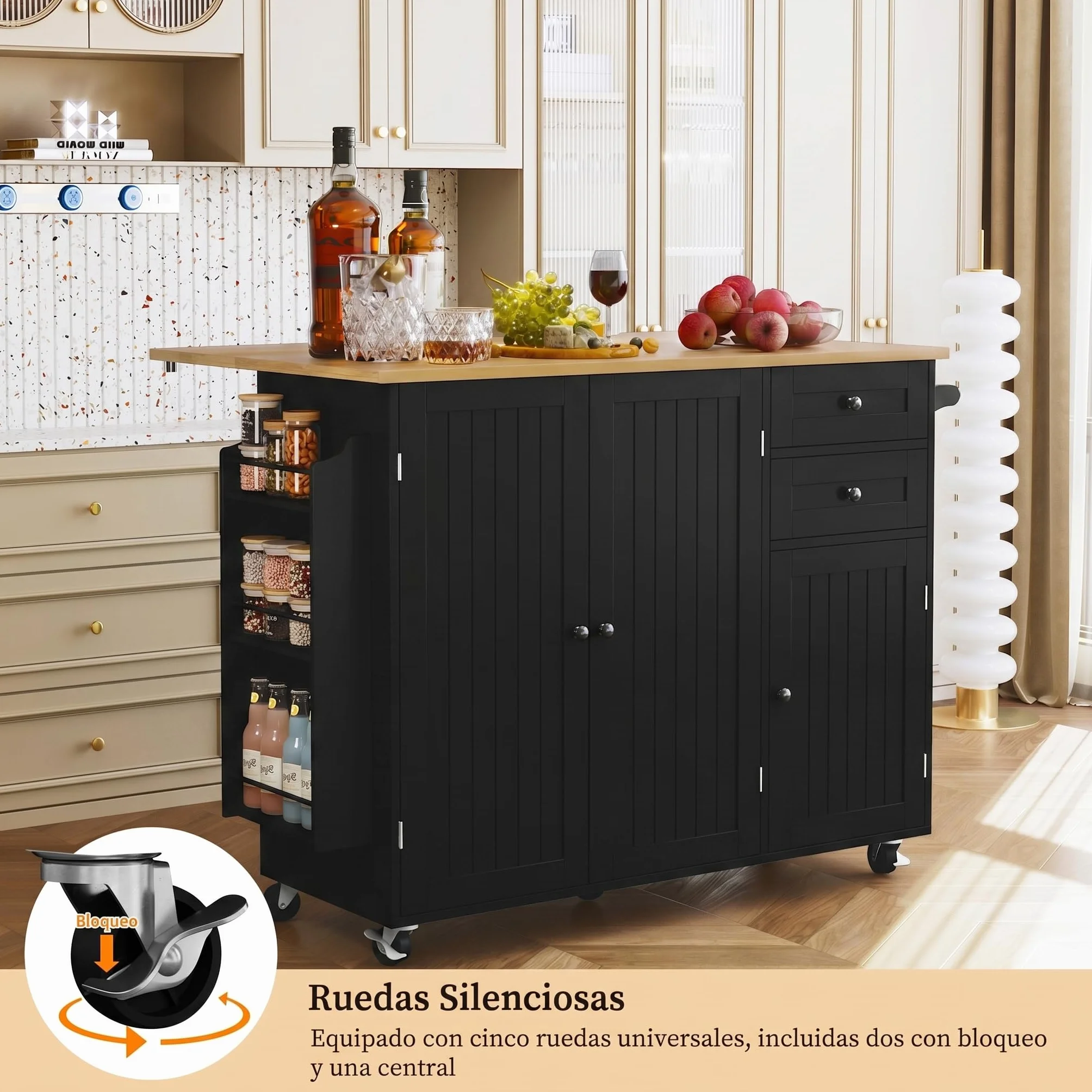 HOLTICO Isla de Cocina sobre Ruedas,Mueble de Cocina con Encimera Extensible de Caucho,3 Estantes Regulables y Especiero de 3 Niveles,para Comedor y Sala de Estar,128x46x91cm,Negro