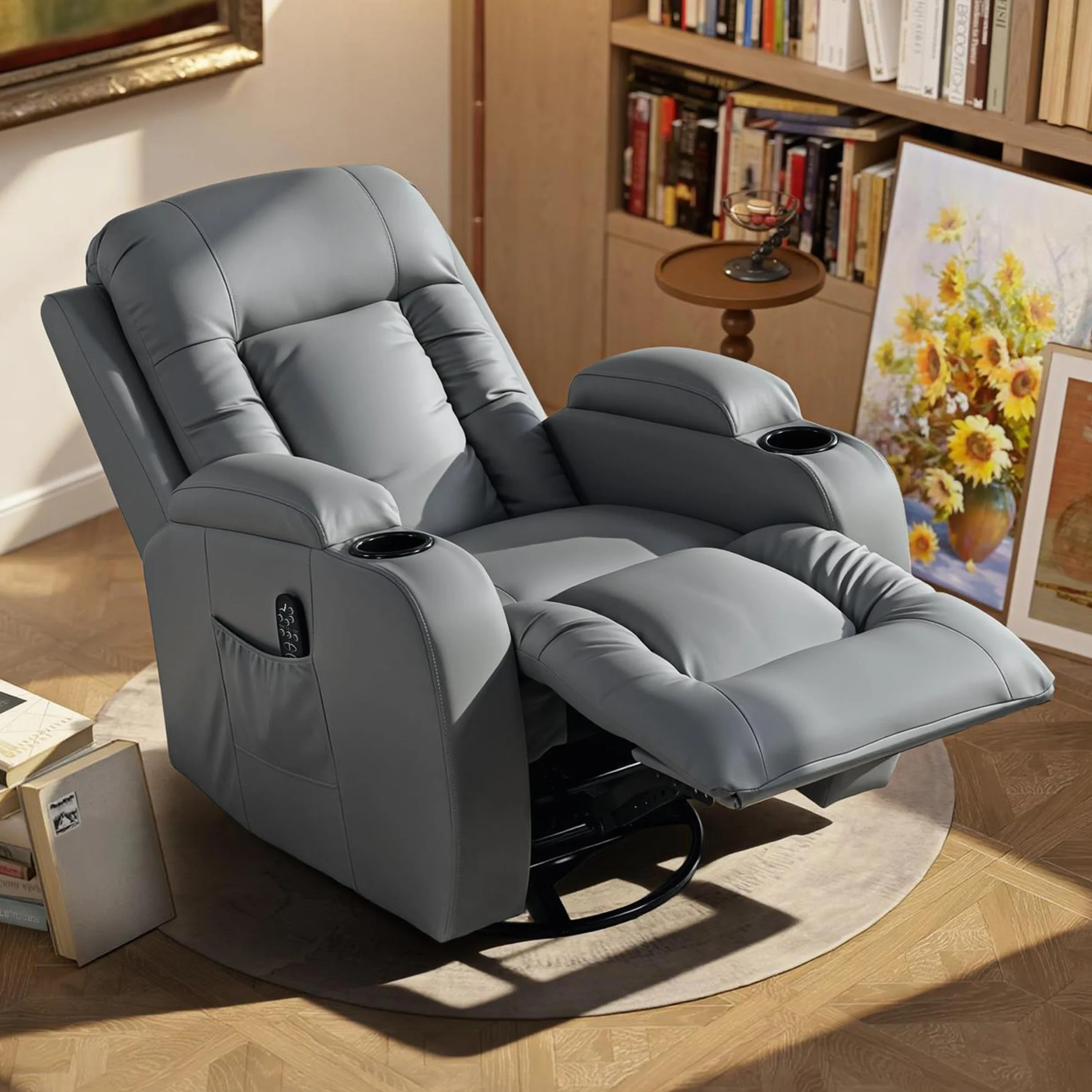 HOMCOM Sillón de Masaje Giratorio, Sillón Relax Reclinable con 8 Puntos de Masaje, Función Calefacción Lumbar, Mando a Distancia, Tapizado en PU, Reposapiés, Bolsillo Lateral, Función Basculante Gris
