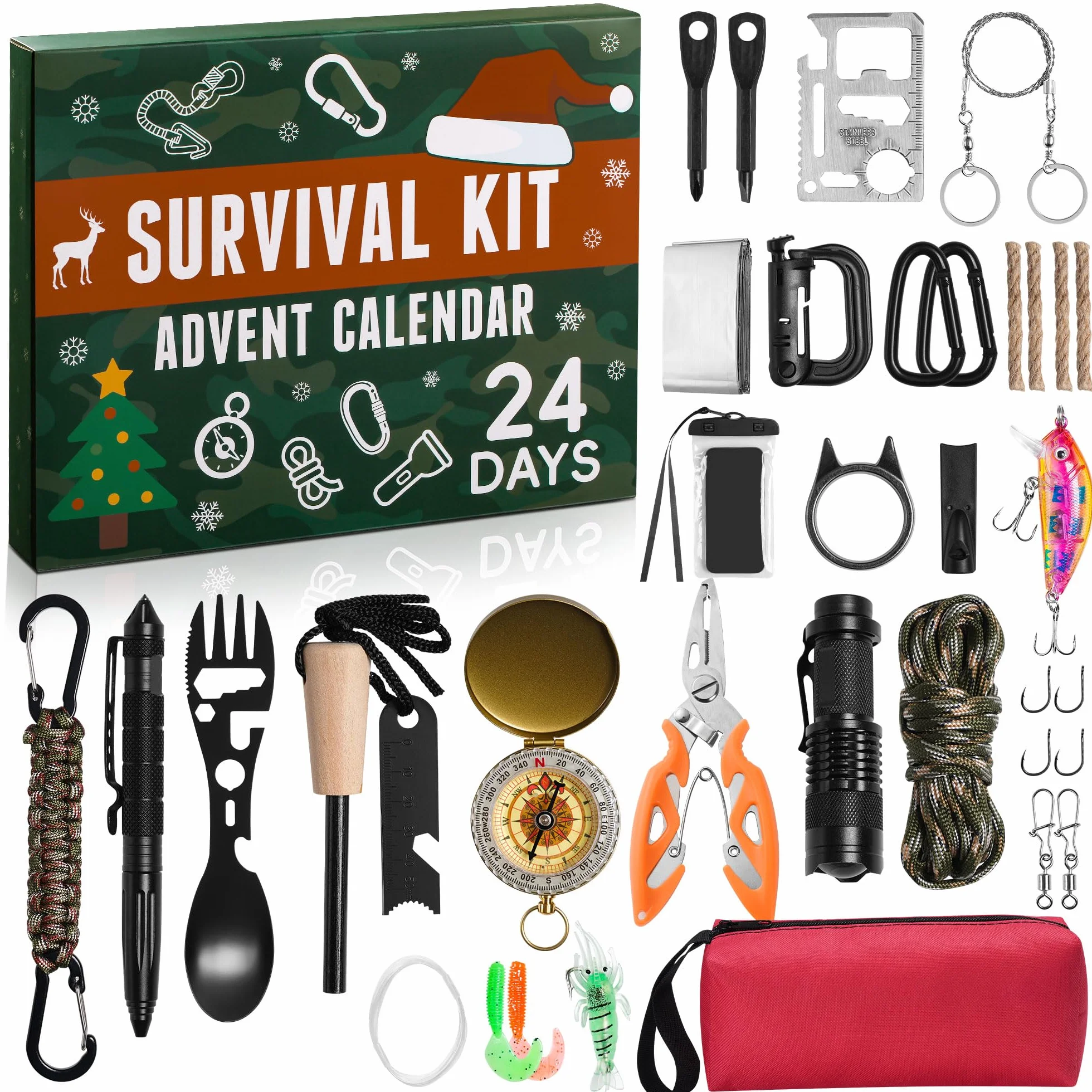 Calendario Adviento 2025 Hombre Adulto Kit Supervivencia 31 Piezas Herramientas Regalo Aventura Caza Camping Aire Libre