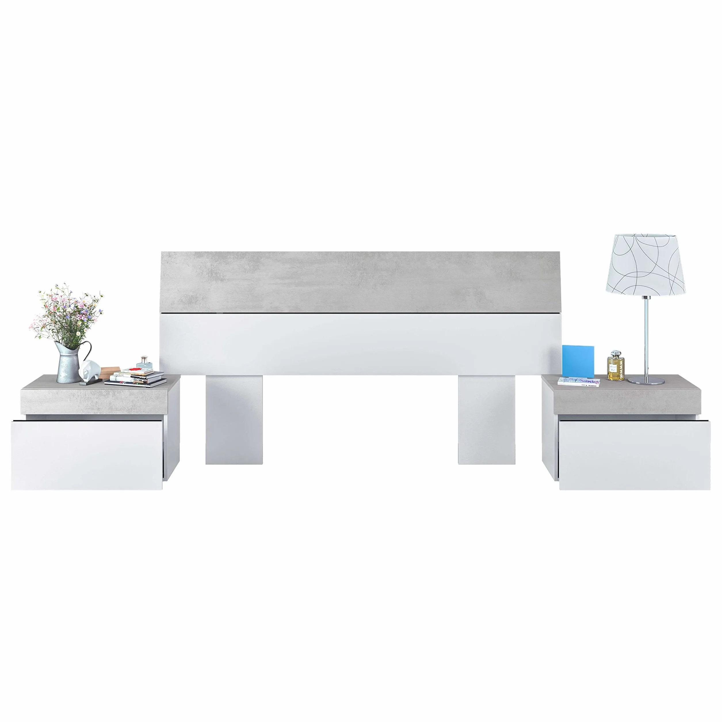 Miroytengo Conjunto Dormitorio Completo Habitación Principal Color Blanco Artik y Cemento (cabecero + 2 mesitas + Armario + Zapatero)