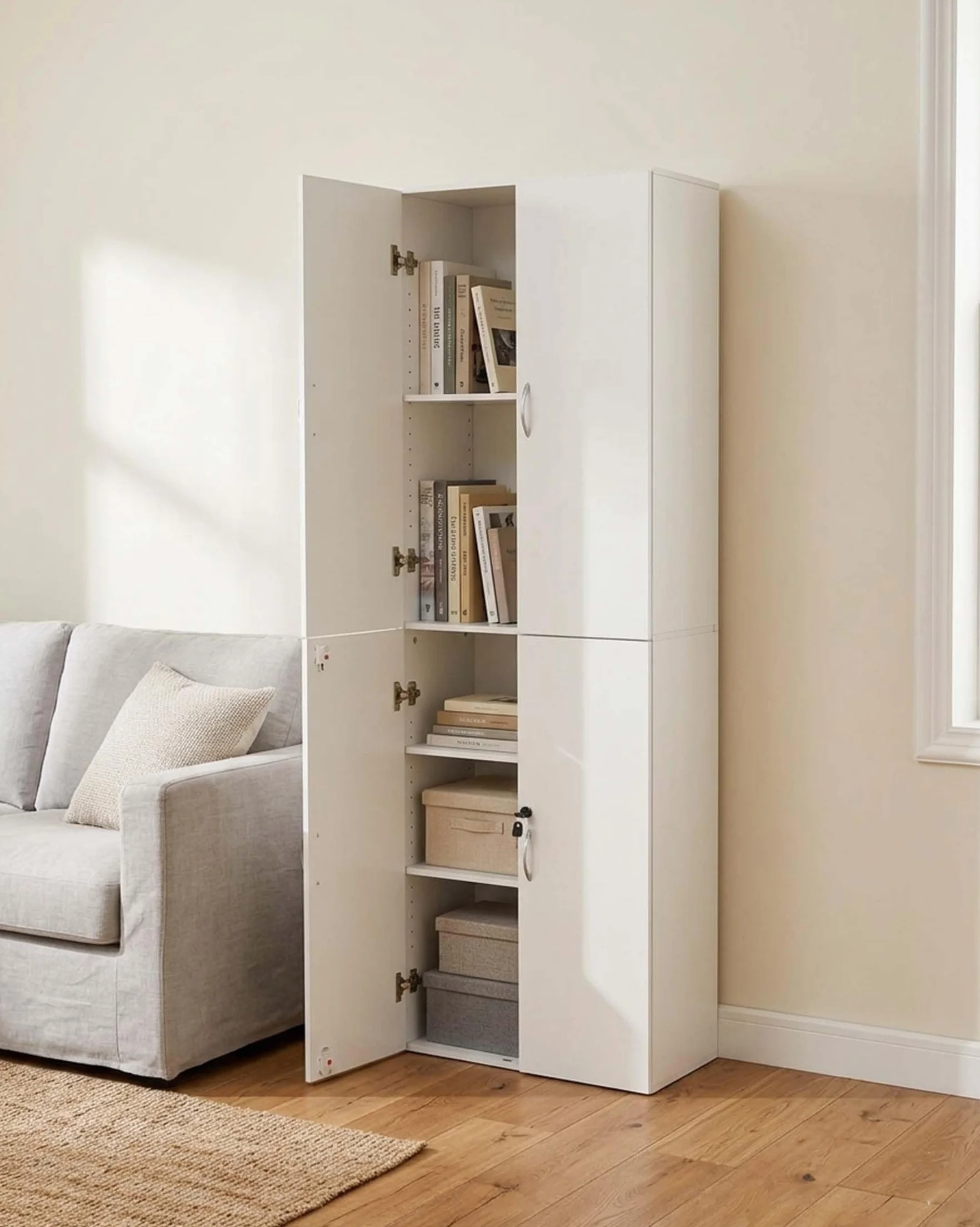 Armario archivador con cerradura, armario de oficina blanco con puertas, 58 x 30 x 180 cm, armario multiusos de madera, armario estrecho para oficina, pasillo, armario multiusos moderno