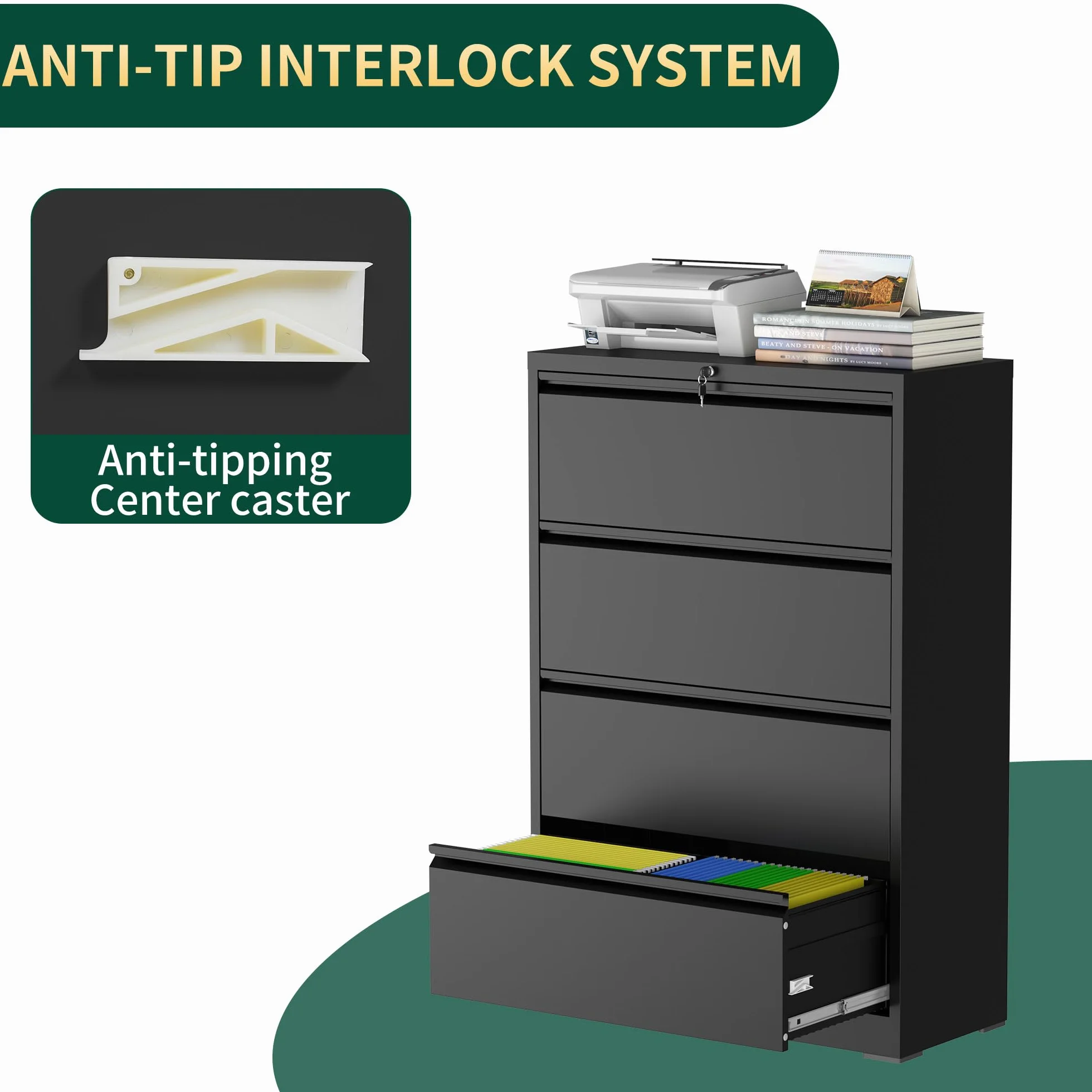 Archivador lateral de 4 cajones con cerradura, archivadores de metal para oficina en casa, gabinete de almacenamiento de archivos de acero resistente para cartas/legal/A4 (requiere montaje