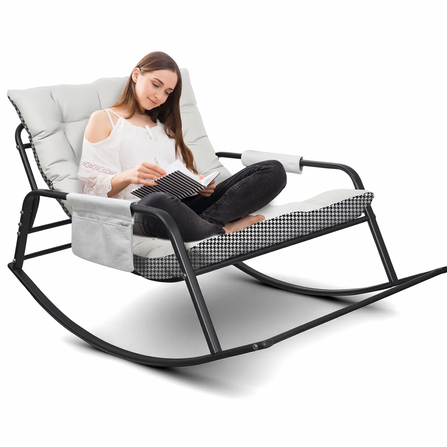 Mecedora para interior y exterior, ergonómica, para salón, silla de relax con acolchado, soporta hasta 300 kg, para jardín, dormitorio, salón, esquina, porche (beige)