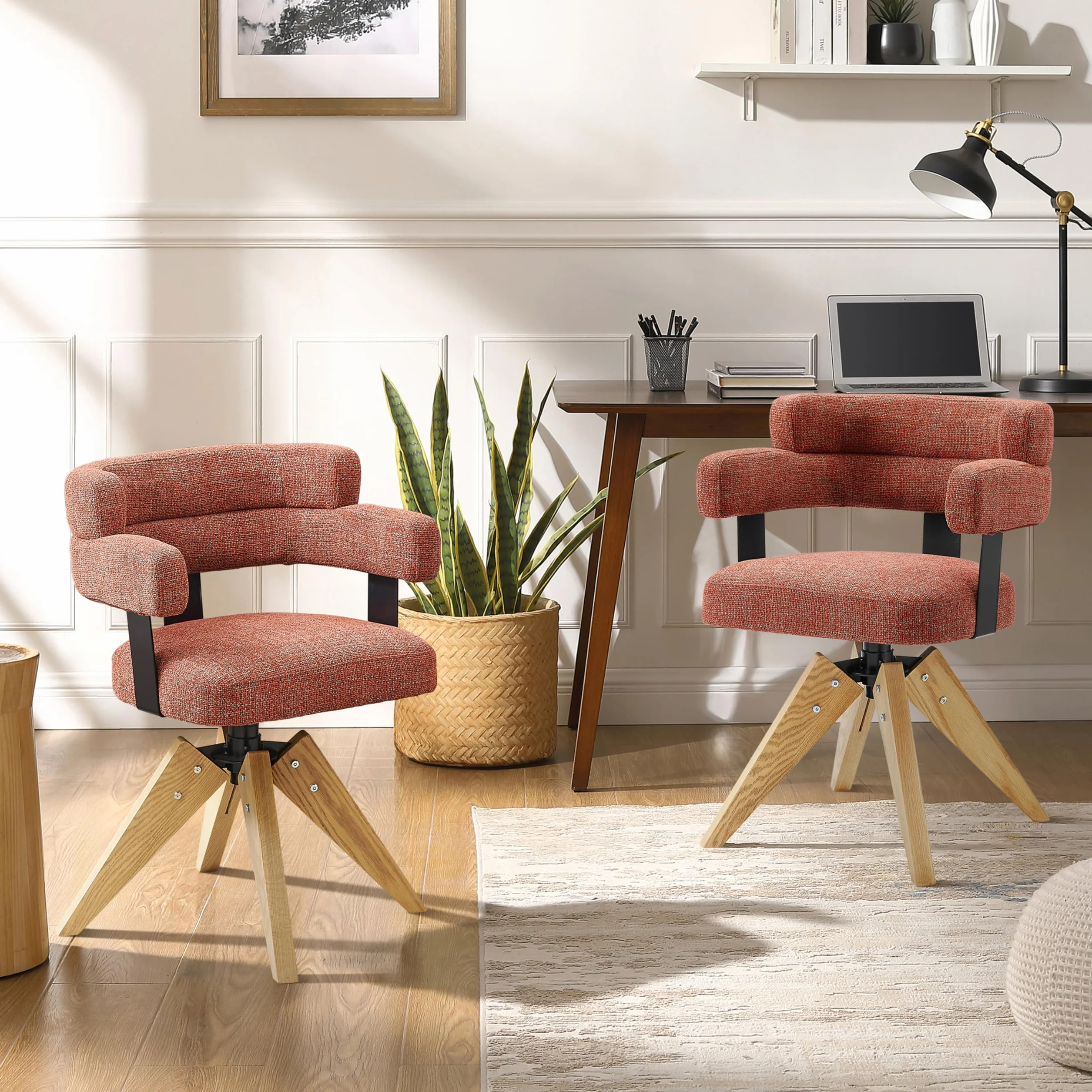 Zouron Sillas de Comedor Giratorias Tapizadas en Algodón y Lino con Reposabrazos y Respaldo, Patas de Madera, Rojo