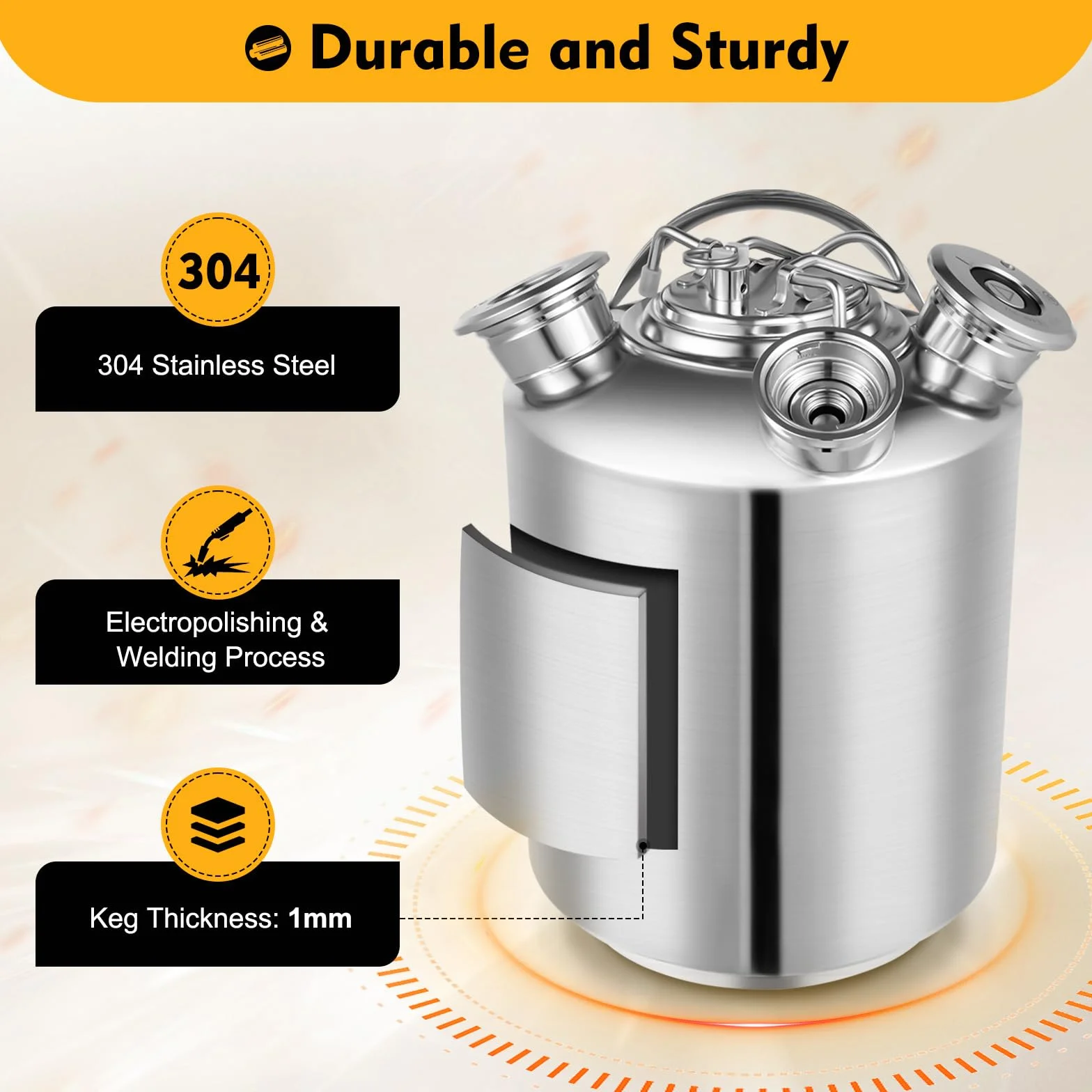 Depósito de limpieza de 10 l, 3 cabezales de acero inoxidable con tapa y anillo de sellado, barril de limpieza de cerveza de acero inoxidable 304 con asa para grifo de cerveza, limpieza de