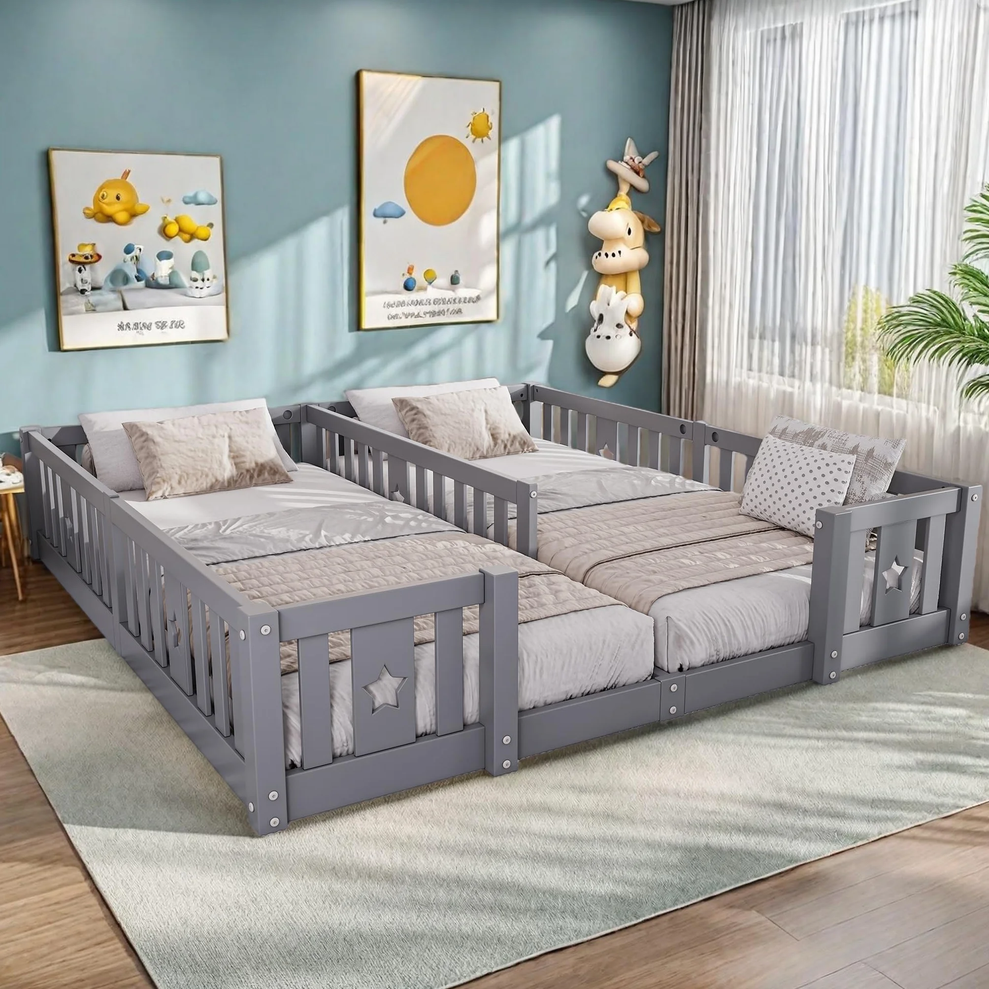 Cama infantil 180x200 cm madera protección anticaídas somier doble juvenil diseño escandinavo gris