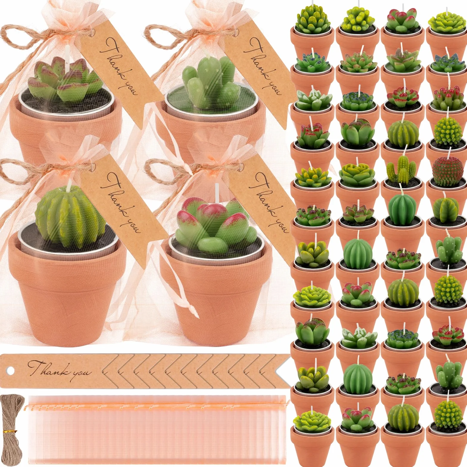 36 Piezas Velas de Cactus Suculentas para Fiestas - Velas de Té Suculentas, Velas a Granel para Regalos, Vela de Té de Cactus con Mini Soportes de Arcilla de Terracota para Decoración de Bodas, Hogar
