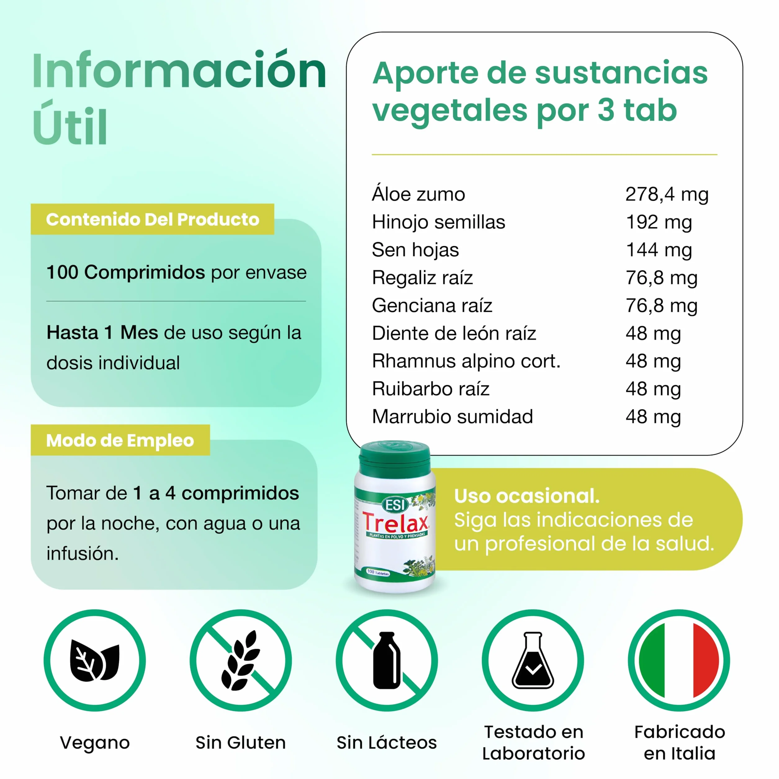 Trelax Natural para el Tránsito Intestinal Cáscara Sagrada Sen Frángula Hinojo Ruibarbo Alivio Digestivo 100 Comprimidos Veganos