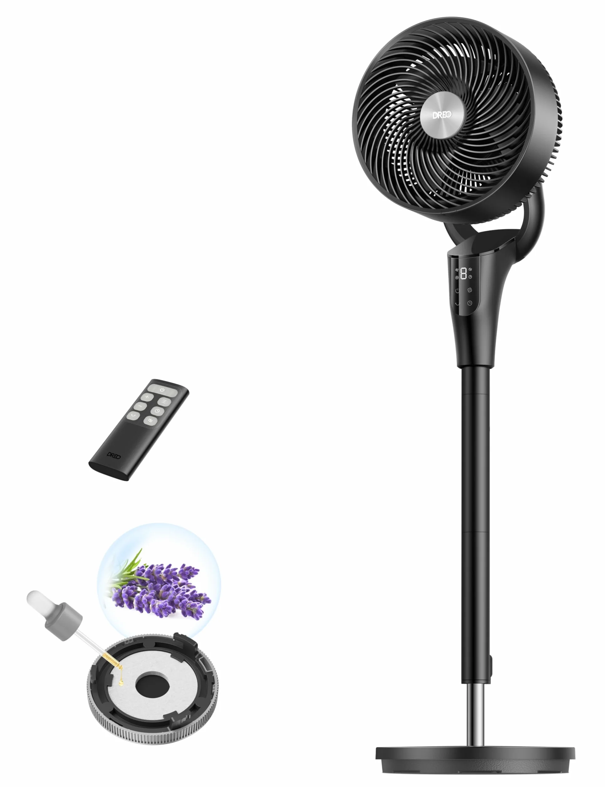 Dreo Ventilador de Pie Silencioso para Dormitorio [Mejorado], Flujo de Aire 27m, 20dB, Oscilación 90°, Motor DC, 8 Velocidades, 3 Modos, Altura 96–106 cm, Temporizador 8H, Inclinación 105°