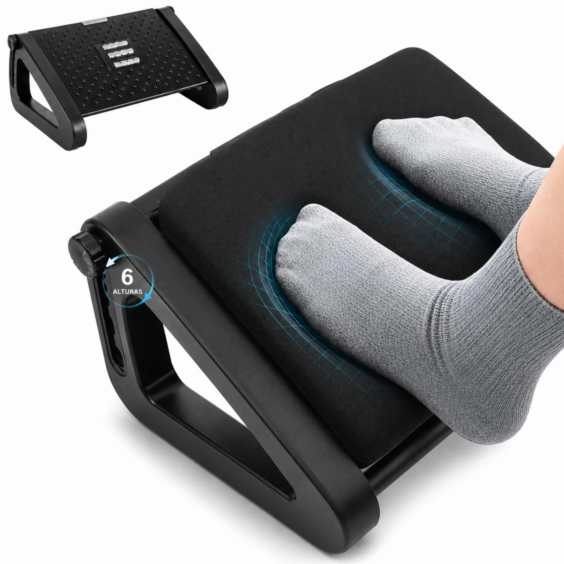 Reposapiés ergonómico con cojín viscoelástico y 6 alturas ajustables para oficina, casa y escritorio