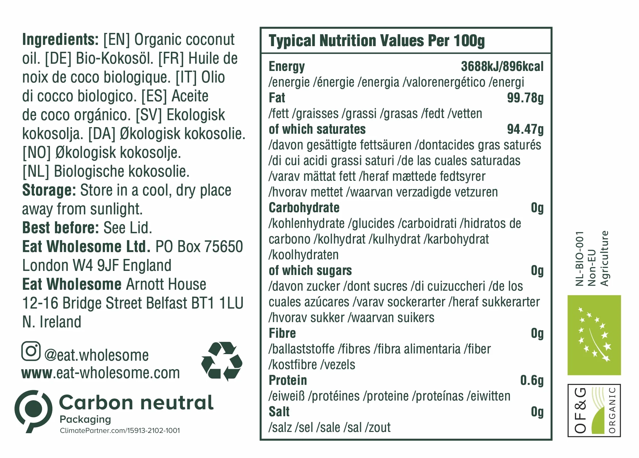 Eat Wholesome Aceite De Coco Virgen Orgánico 500ml Crudo Prensado En Frío Tarro De Cristal Vegano