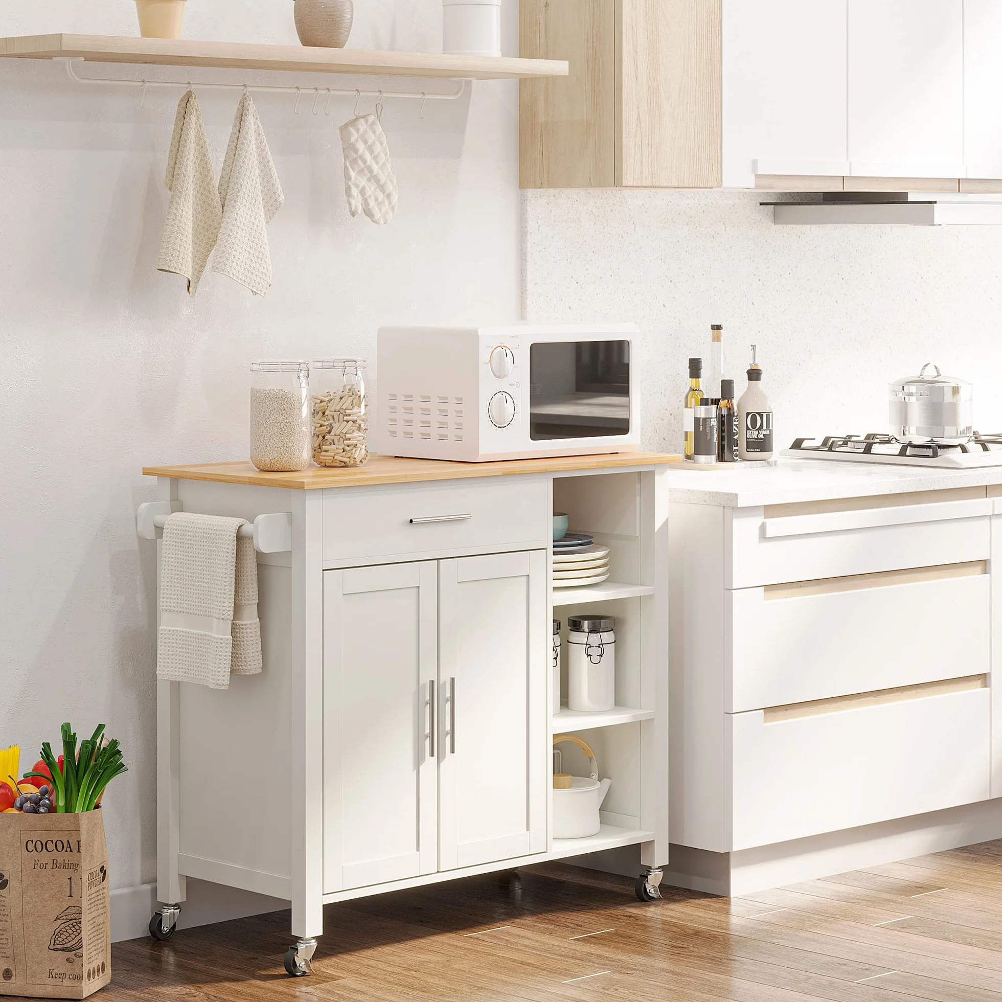 HOMCOM Isla de Cocina con Ruedas Mueble Auxiliar de Cocina con 1 Cajón 2 Puertas 3 Estantes Abiertos y Barra Lateral para Comedor 107,5x48x89 cm Blanco