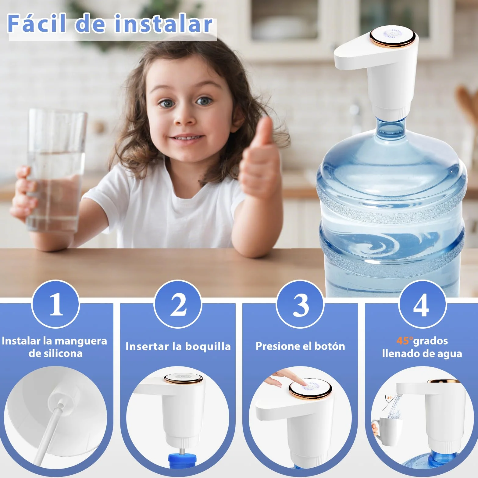 EasySpeed Dispensador de Agua de Doble Velocidad | Recargable 1200mAh Bomba de Grifo para Botellas con 2 Adaptadores | Compatible con Garrafas de 3 a 20 litros | para Camping, Casa & Oficina, Blanco