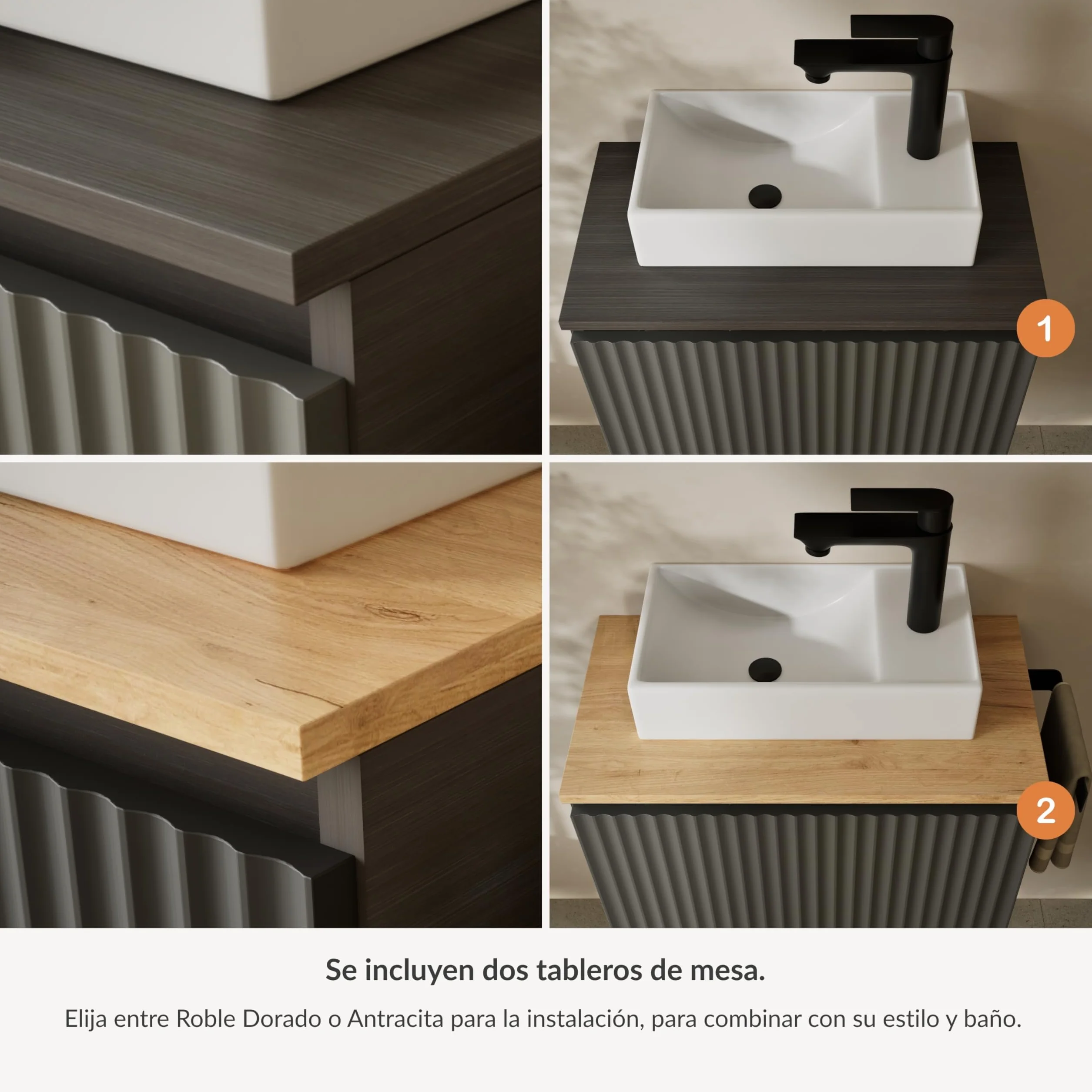 Planetmöbel Conjunto de muebles de baño Lavabo con mueble bajo 56 x 55 x 30 cm Antracita y roble dorado, espejo de baño con iluminación, 50 x 90 cm, espejo con marco, ovalado, 3 niveles de iluminación