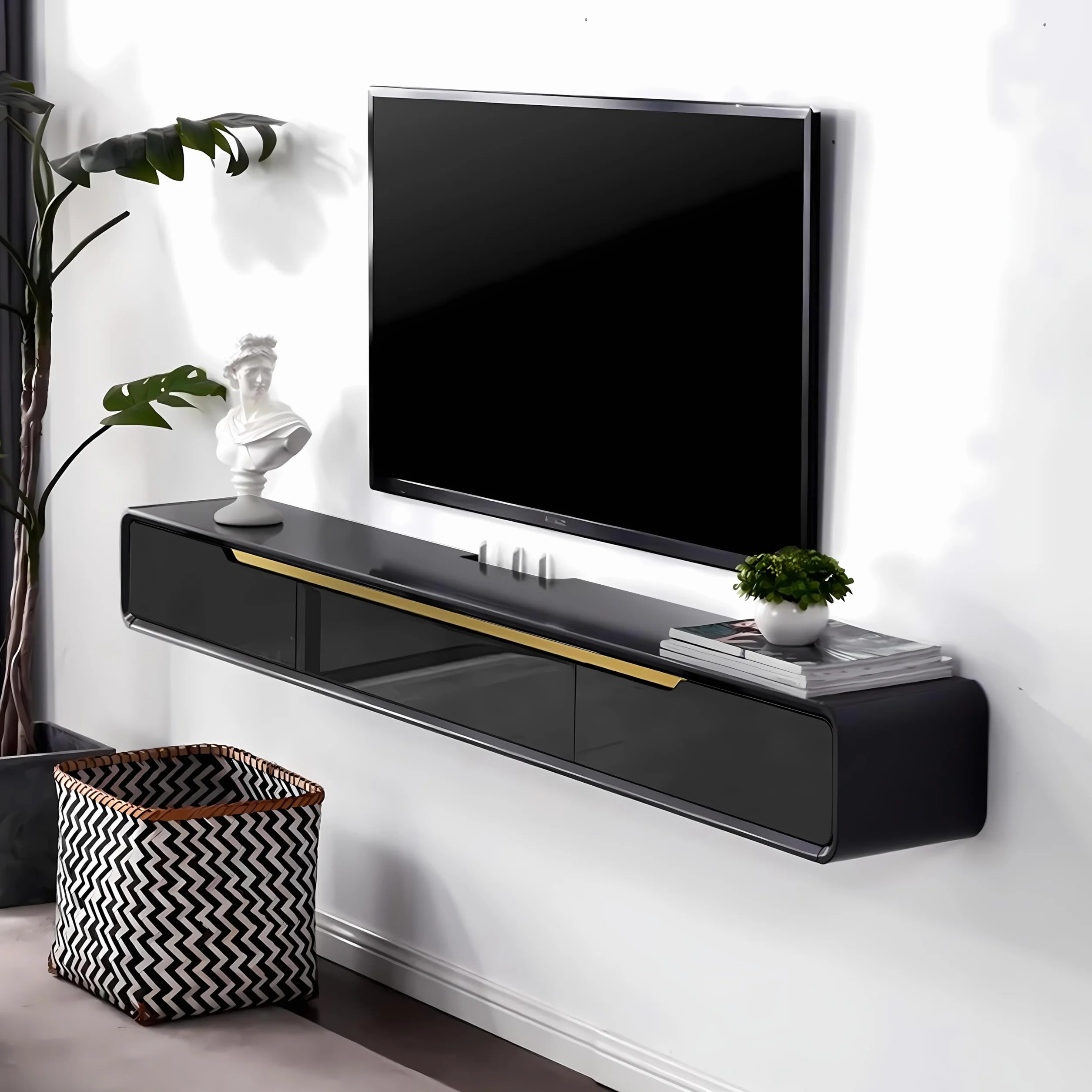 FPIGSHS Mueble TV Suspendido Moderna 140cm Mueble de TV Flotante Negro Consola Multimedia Entretenimiento Pared Armario Televisión con Puertas y Cajones Ideal para Salón y Dormitorio (A, 140cm)