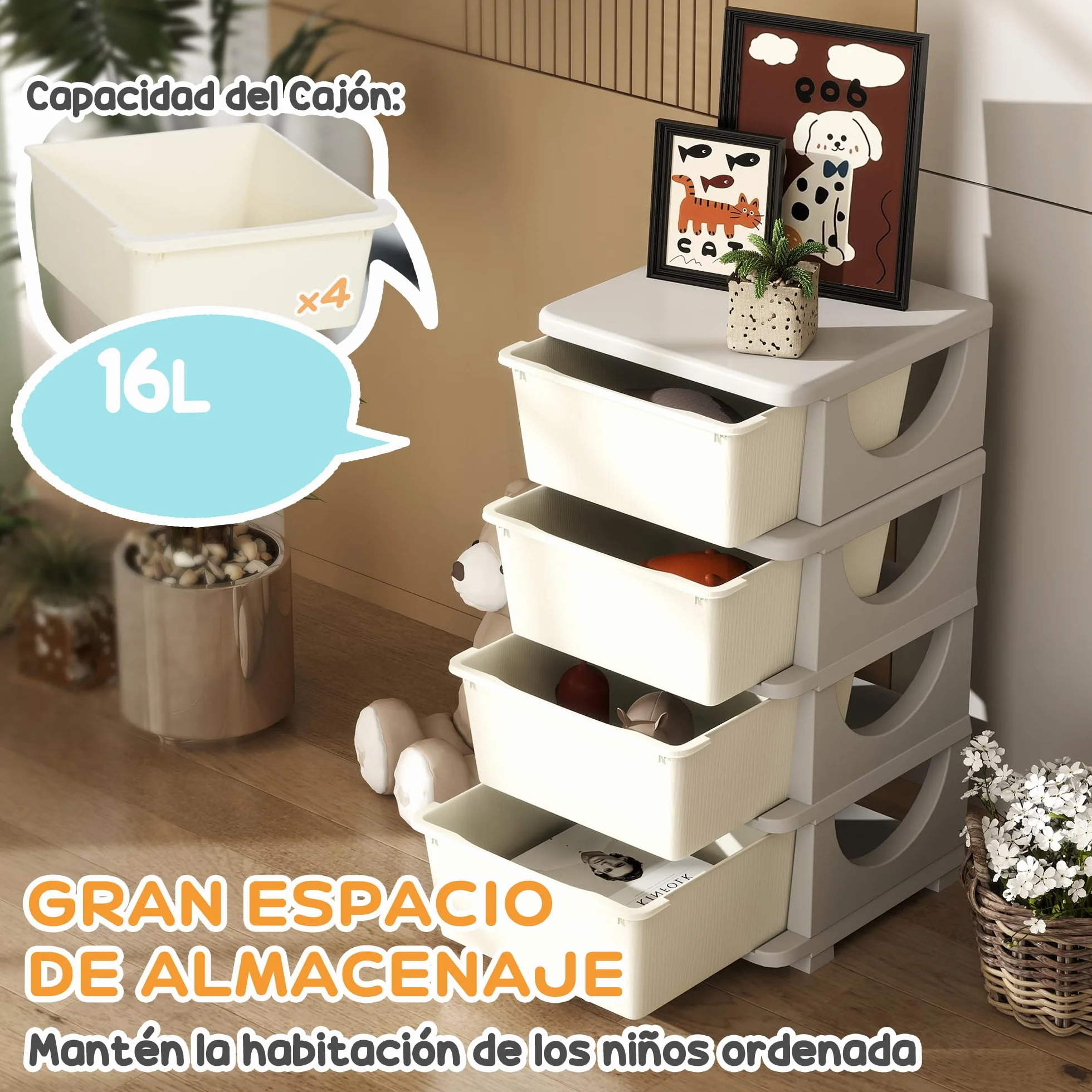 HOMCOM Torre de Almacenamiento Infantil con 4 Cajones, Organizador de Juguetes para Niños de +3 Años, con Bordes Redondeados y Asas, para Guardería, Sala de Juegos, Dormitorio, 37x37x76 cm, Crema