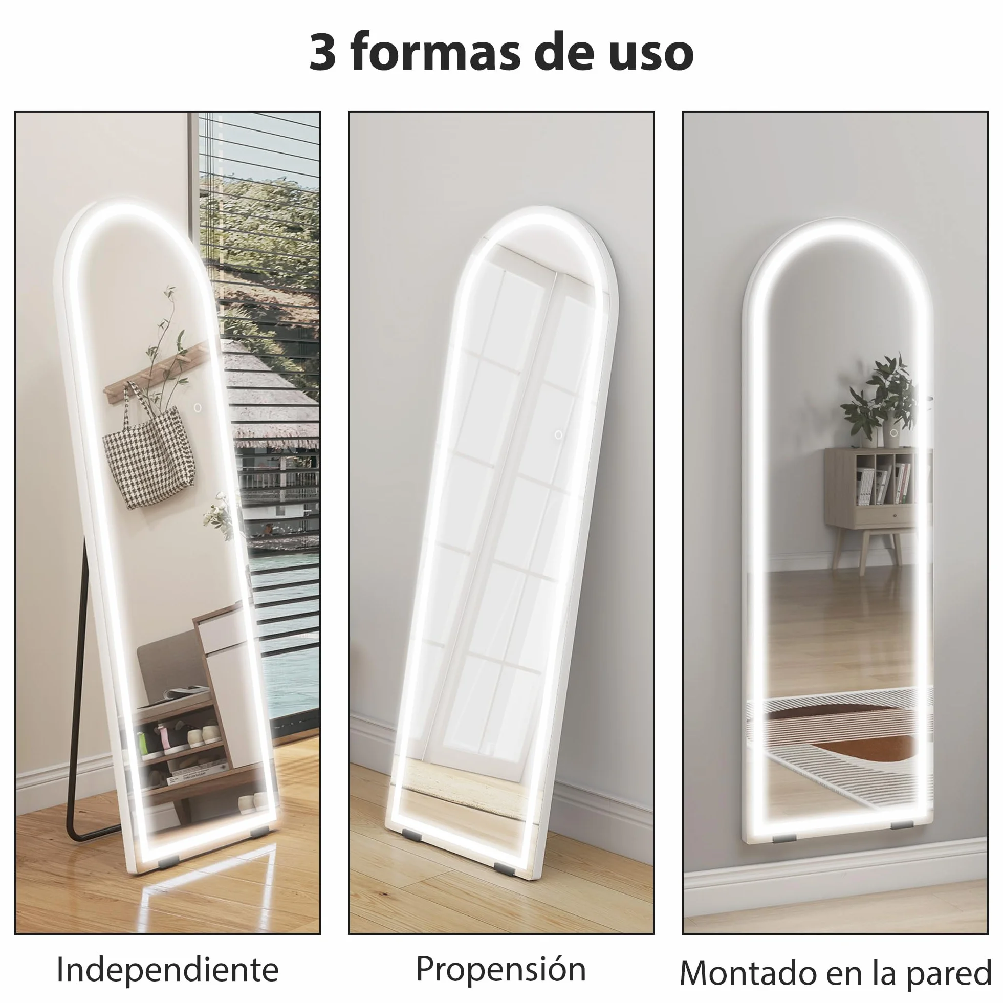 HOMCOM Espejo de Pie Cuerpo Entero con Luces, 150x50 cm, Espejo de Cuerpo Entero Arqueado sin Marco, Color y Brillo Ajustables, Función de Memoria, Independiente, Apoyado y de Pared, Transparente