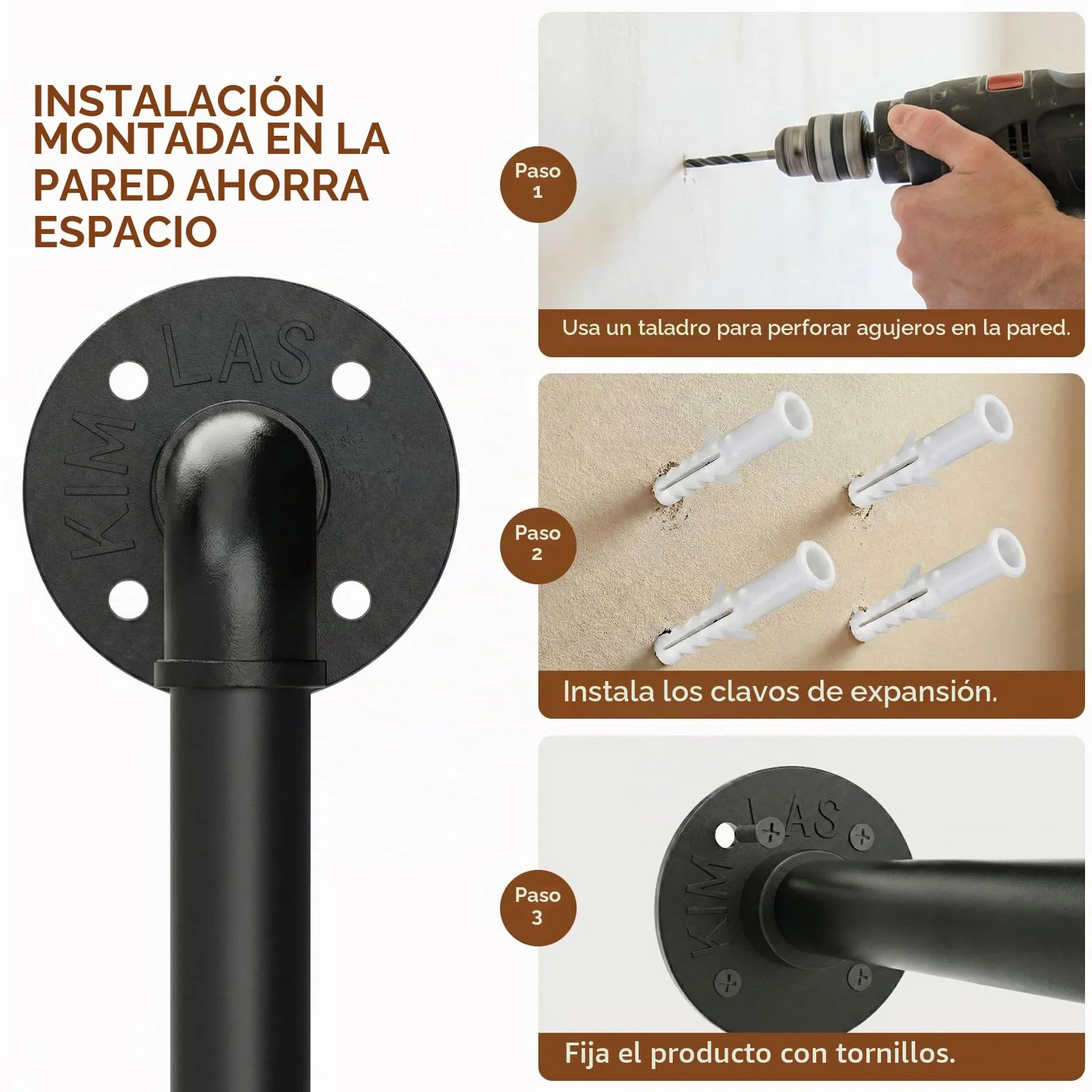 Bamworld Perchero de Pared Industrial Barra para Colgar Ropa 92cm Metal Negro
