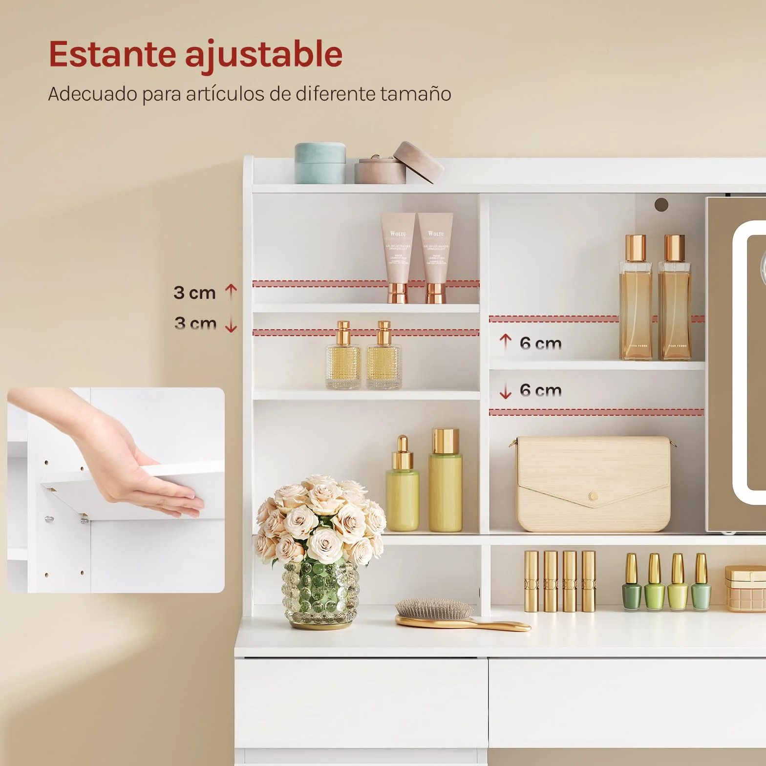 WOLTU Tocador de Maquillaje con 9 Cajones, 1 Bandeja de Joyas, Mesa Tocador Blanco con Espejo y Luz LED Ajustable, Estantes Abiertos, Estilo Moderno para Dormitorio