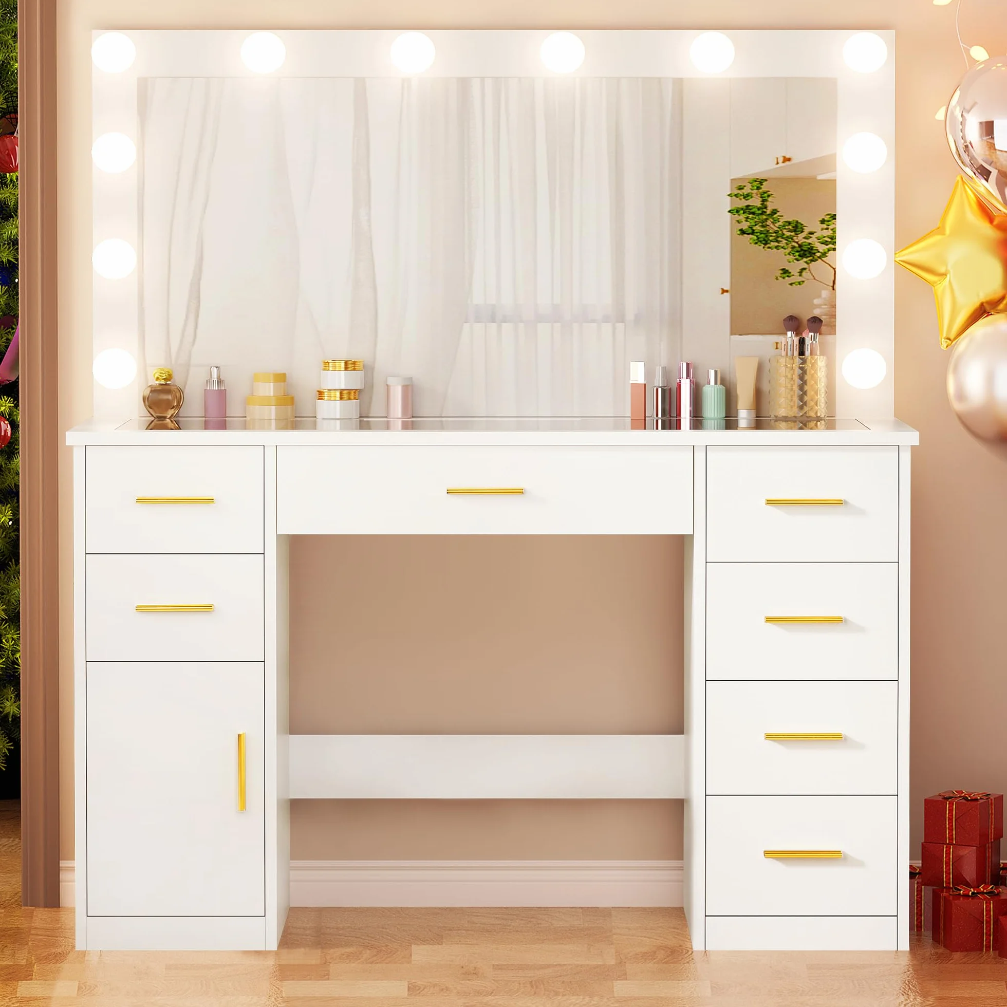 ANWBROAD Tocador de Maquillaje con Luces LED Regulables y Espejo 7 Cajones Blanco 140x110x40cm BDT83W