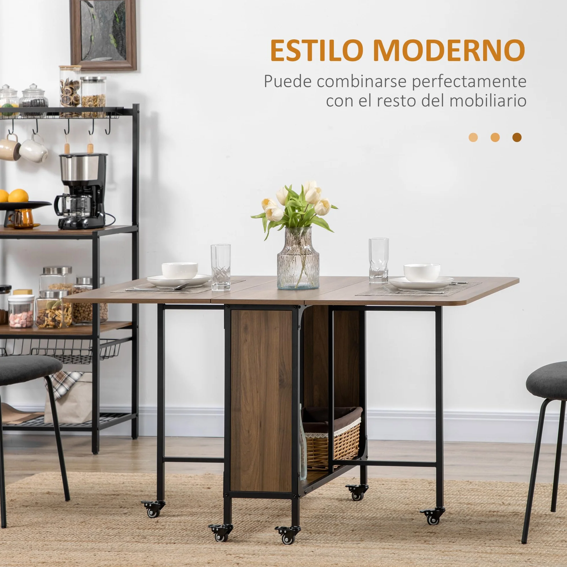 HOMCOM Mesa Plegable de Comedor con Ruedas Alas Abatibles y Estante de Almacenamiento Mesa de Cocina Plegable para Salón 130x80x74 cm Madera Marrón