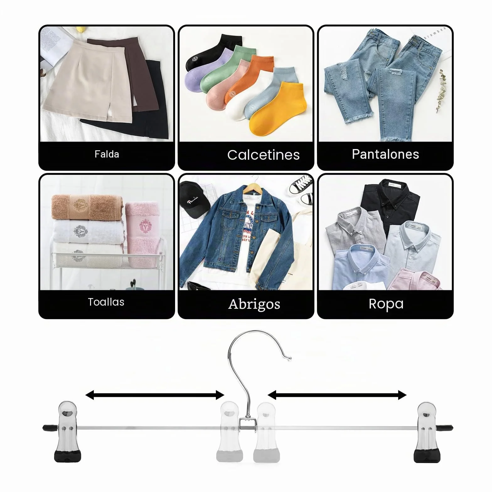 GUANJUNE Percha para pantalones, 10 unidades de perchas para faldas con clips antideslizantes ajustables, perchas de metal que ahorran espacio para abrigo, ropa, vaqueros, perchas para niños para