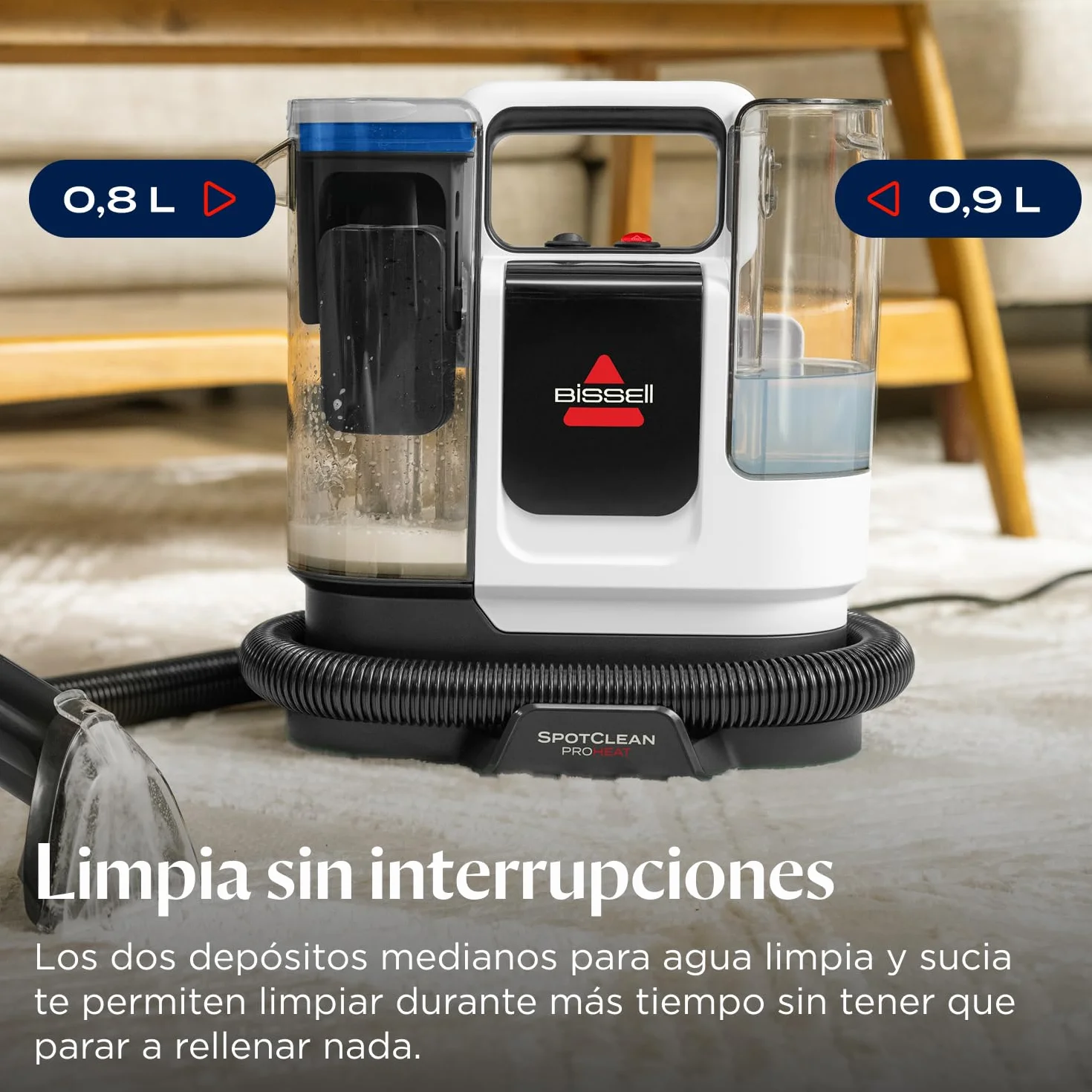 BISSELL SpotClean ProHeat Advanced, Aspiradora de agua tapiceria, limpia tapicerias multisuperficie compacta, Potente 1125W, Sistema triple limpieza profunda para manchas difíciles, Con cable, 3924N