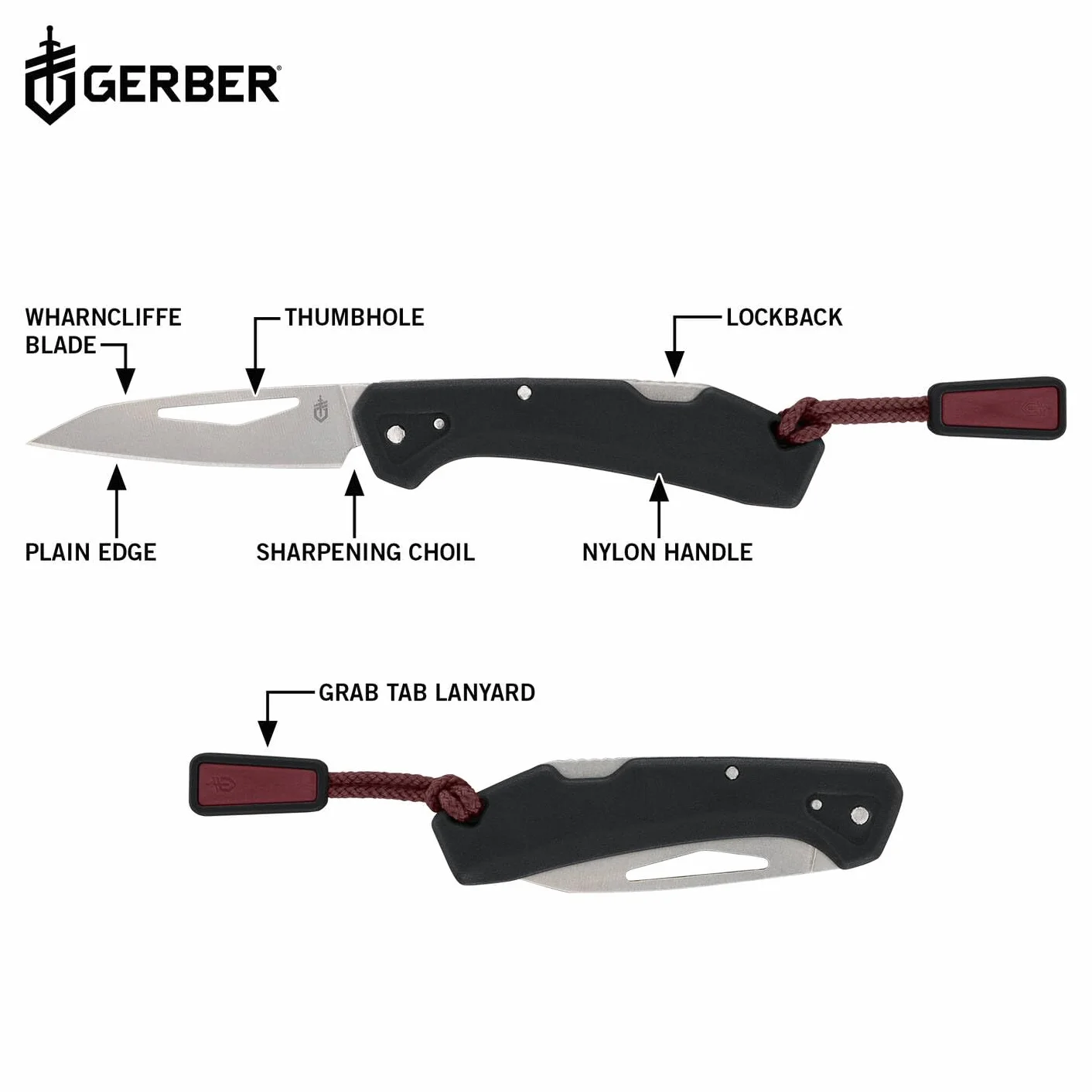 Gerber Navaja de bolsillo con cordón, LST Mini, hoja de acero inoxidable 440A Wharncliffe, escamas del mango de nylon reforzado con fibra de vidrio, longitud de la hoja: 4,8 cm, negro, 1074528