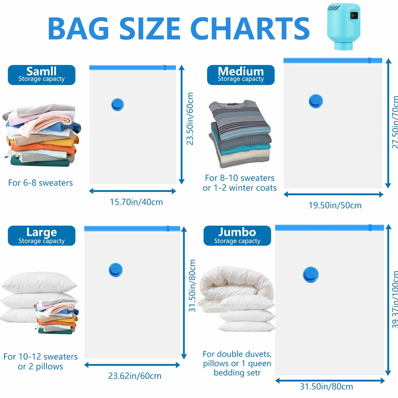 Bolsas de Almacenaje al Vacío 10 Piezas con Bomba de Aire Eléctrico para Ropa, Ropa de Cama, Edredones