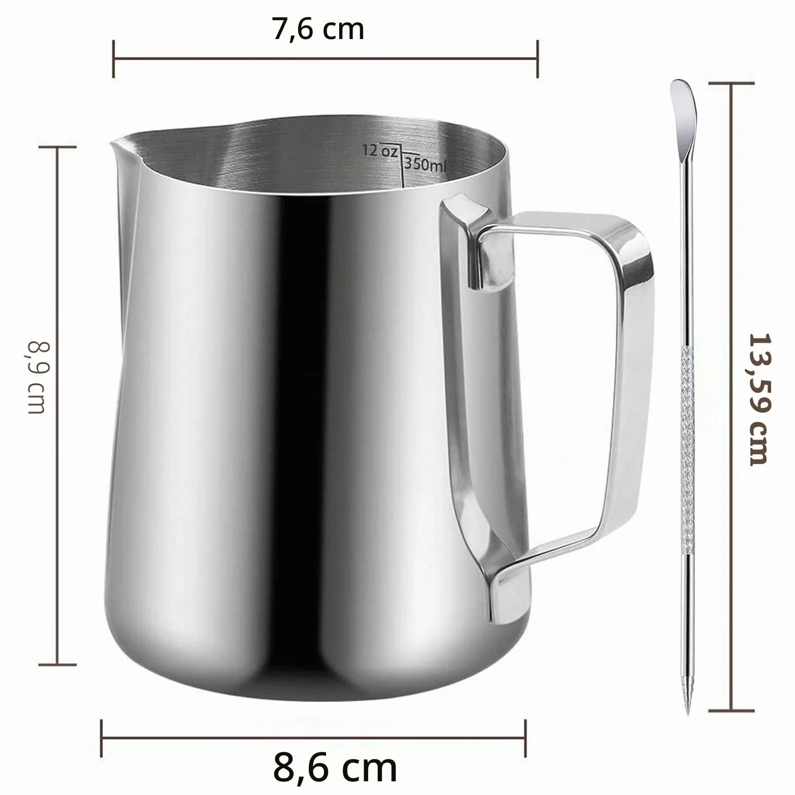 Jarra de espuma de leche de acero inoxidable de 350 ml con pluma de decoración, taza de espumador de café, leche, capuchino, latte, art barista, jarras de vapor-plateado