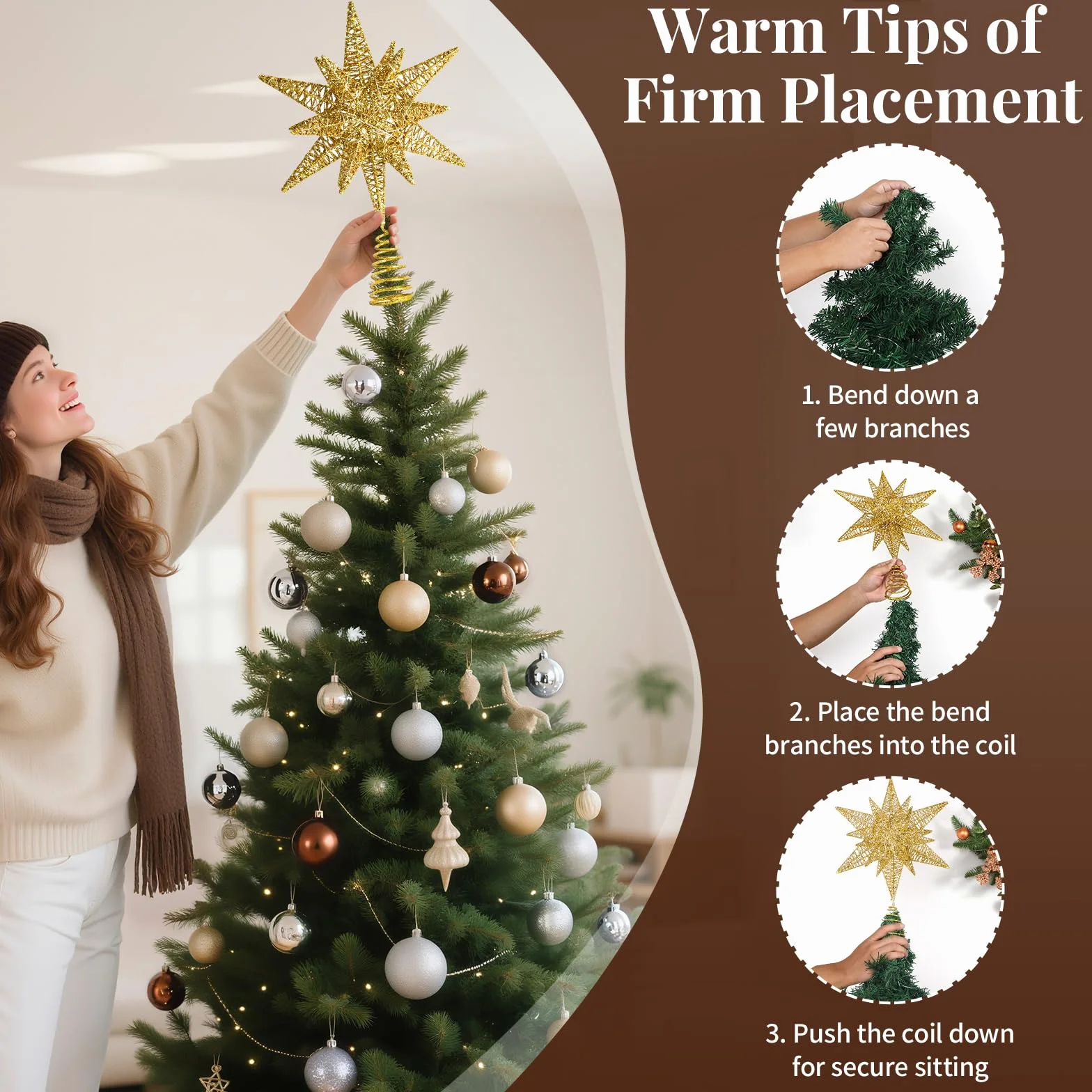Lewondr Estrella para Copa del Árbol, 28CM Adorno para Árbol de Navidad con 8 Modos de Luces por USB con Mando a Distancia & Temporizador, Gran Topper Árbol Decoración Navideña del Hogar, Oro