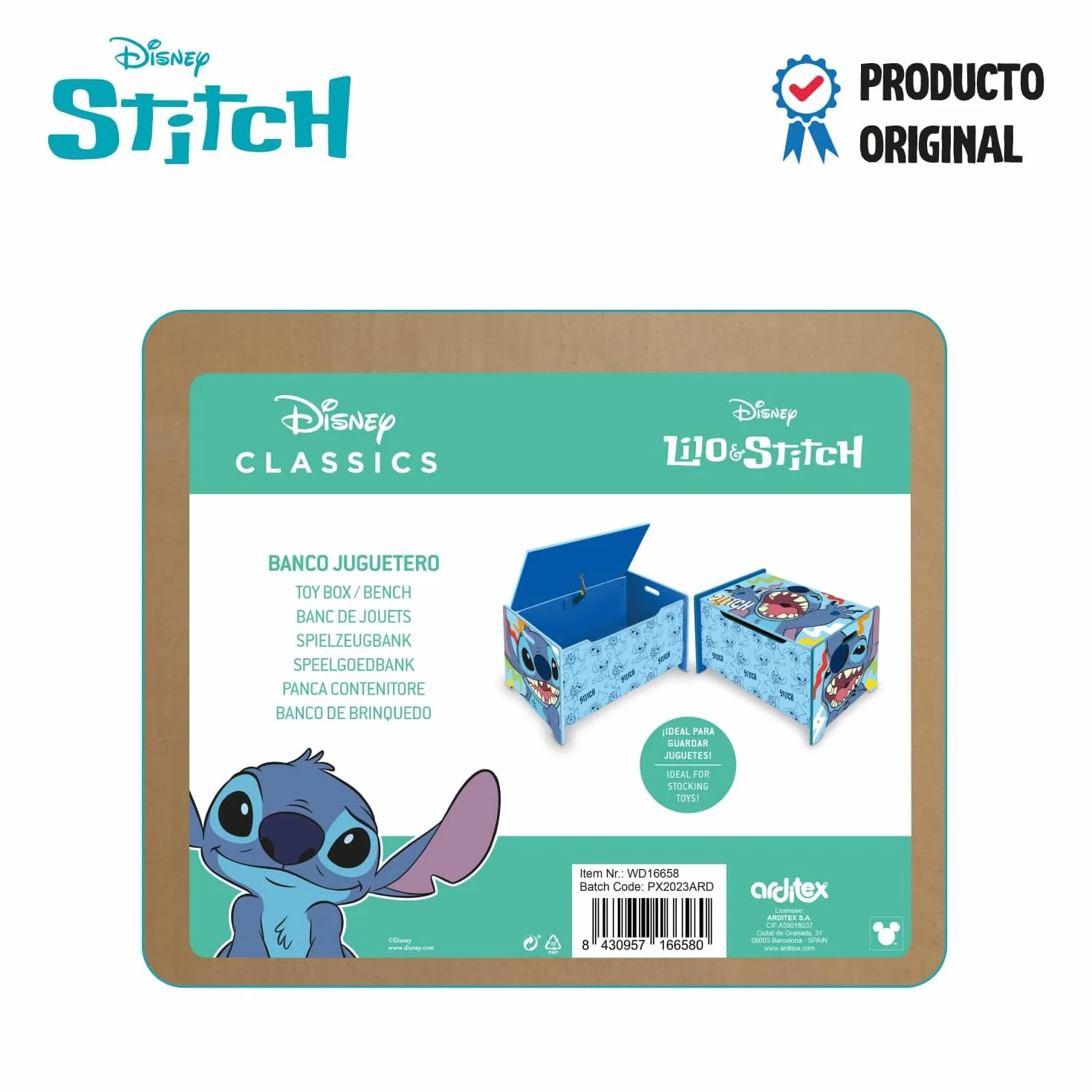 Banco juguetero de madera Stitch Disney 62.5x40x37cm azul