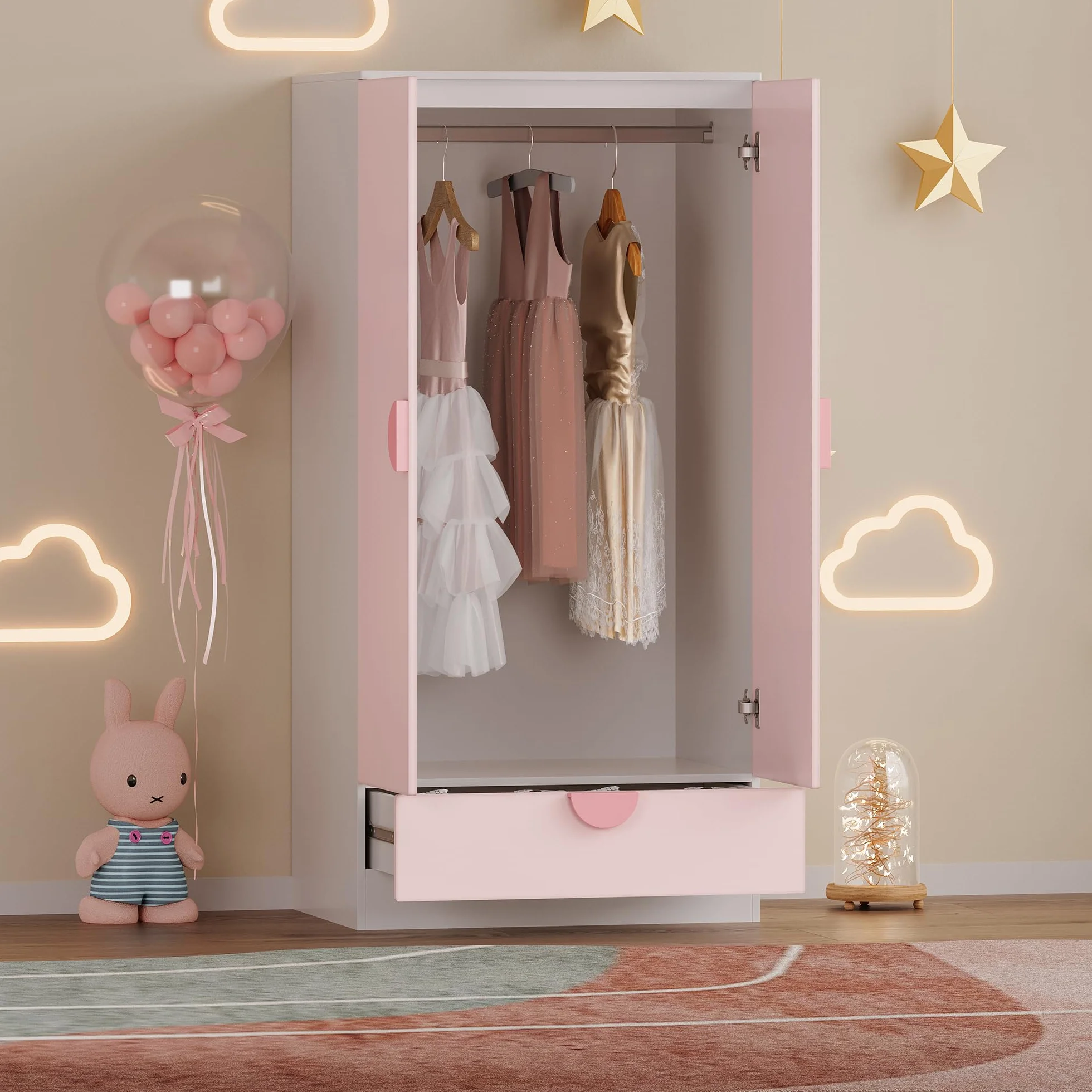 Armario Ropero Infantil Sandnes 2 Puertas con Cajón y Barra 123x60x40 cm Blanco/Rosa