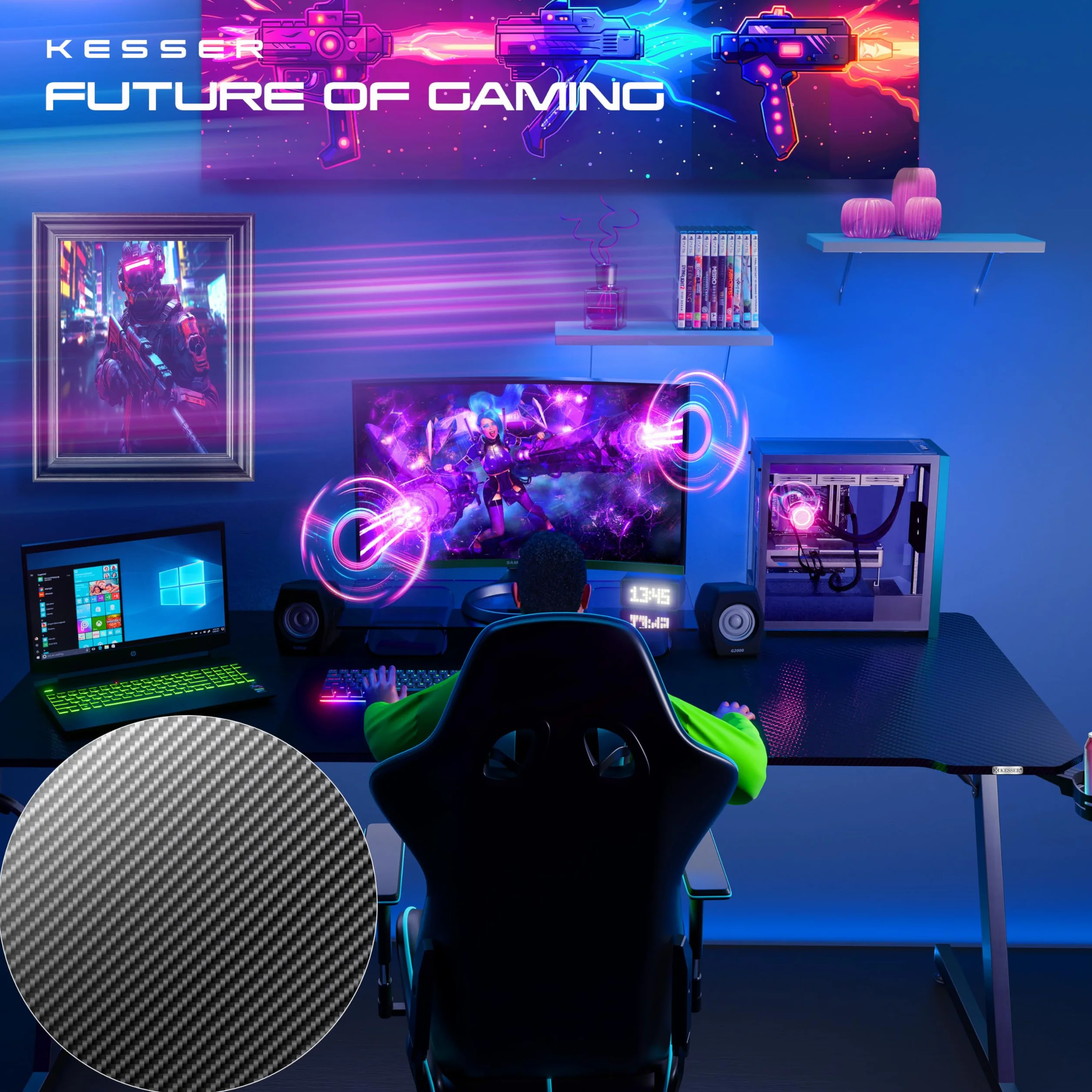 KESSER® Mesa Gaming | 180 x 80 cm | Escritorio para Gamer en Forma de Z | Soporte para Auriculares | Mesa ergonómica para Ordenador | Incl. Alfombrilla de ratón y Soporte