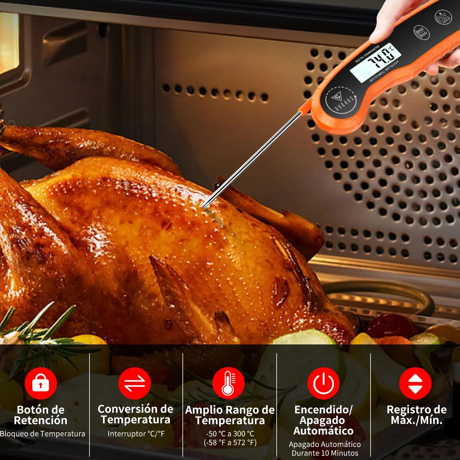 DOQAUS Termometro Cocina, Termometro Digital Cocina, 3 Segundos Lectura Rápida, Precisión ±0,5℃, Pantalla LCD, Termómetros para Frigoríficos, Carne, BBQ, Horno, Aceite, Agua(Naranja)
