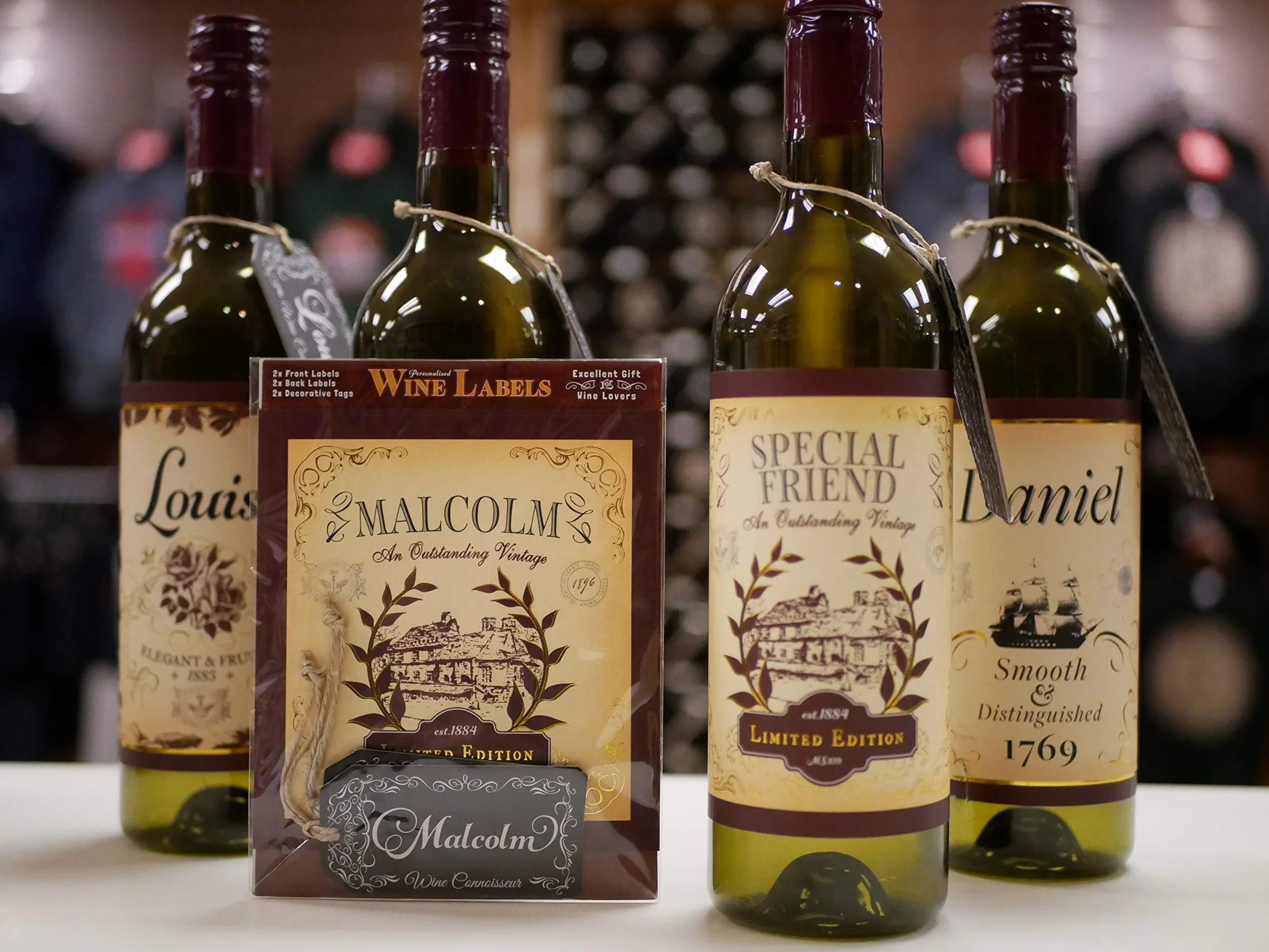Malcolm etiqueta de vino, 2 etiquetas frontales y traseras y 2 etiquetas