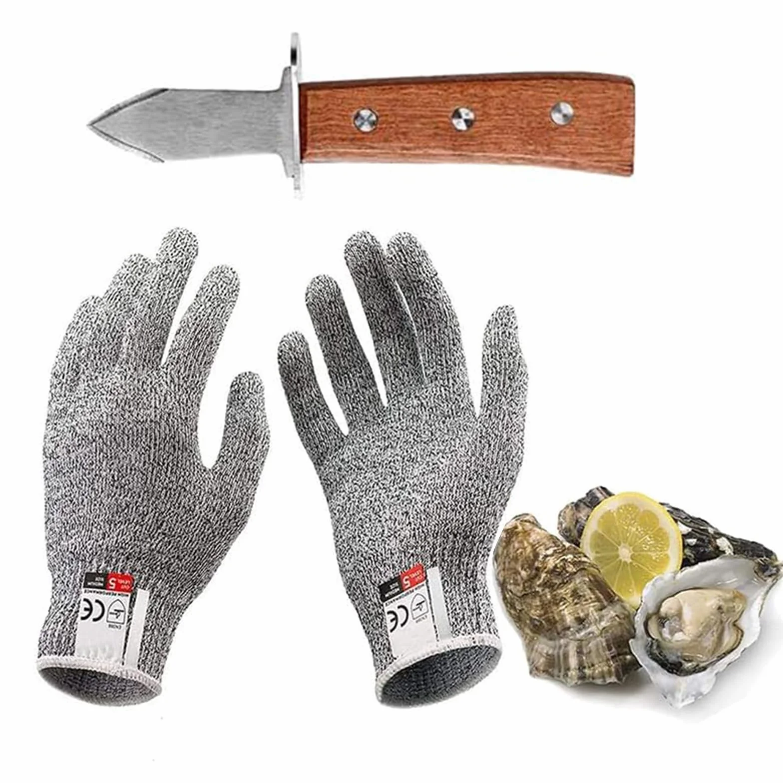 Abre Ostras Set, con 6,7 Pulgada Cuchillo Ostras y Par de Guantes Resistentes a Cortes de Grado 5, Mango de Roble de Grado A, Triple Remache Reforzado, para Mariscos o Queso Duro (Guante Tamaño L)